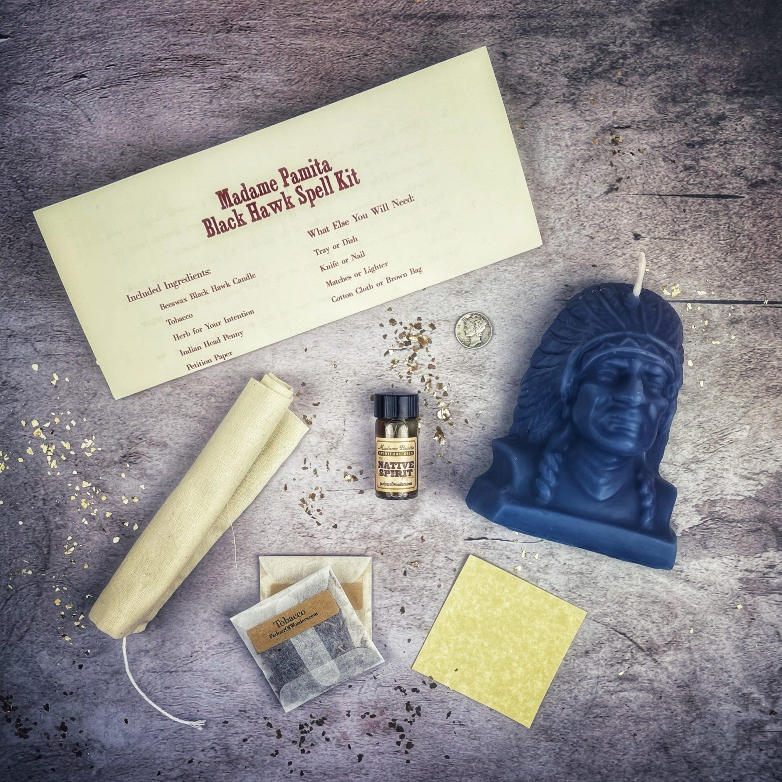 Black Hawk Justice Candle Spell Kit by Parlour of Wonders featuring orange candle blocks for spirit guide and social justice magic.