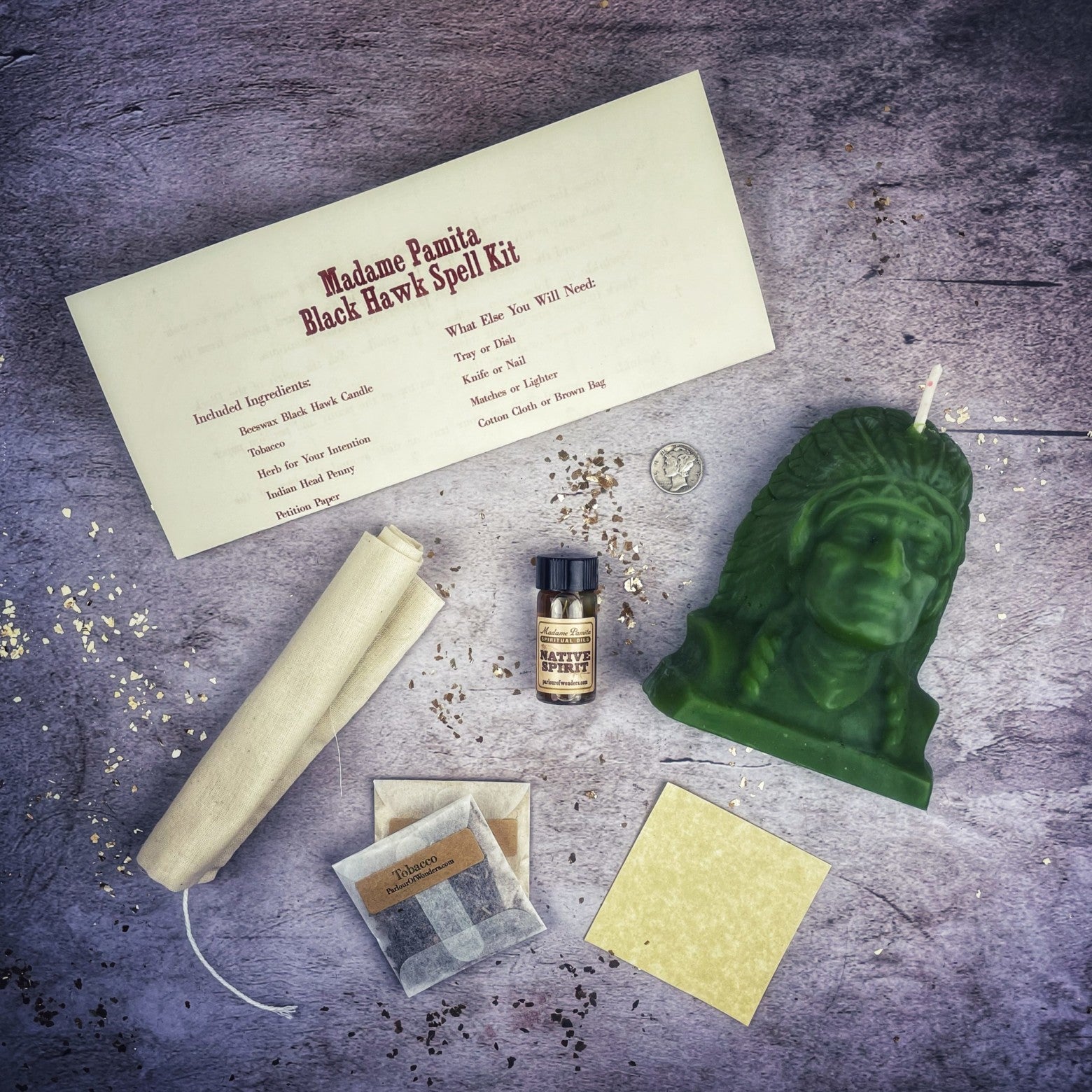 Black Hawk Justice Candle Spell Kit by Parlour of Wonders, featuring orange candles for spirit guide and social justice magic.