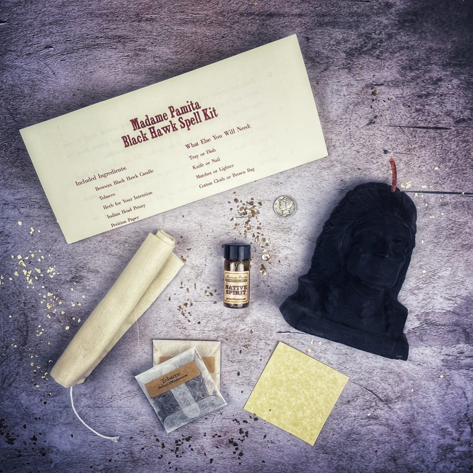 Black Hawk Justice Candle Spell Kit by Parlour of Wonders featuring orange candles for spirit guide and social justice magic.