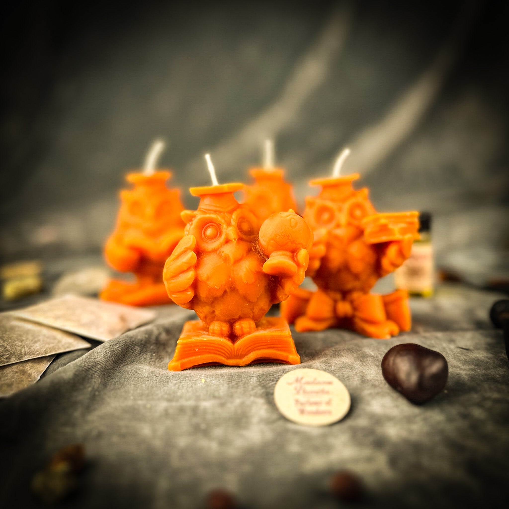 Parlour of Wonders School of Owls Candle Spell Kit with orange candles and wisdom symbols for academic success and creativity.