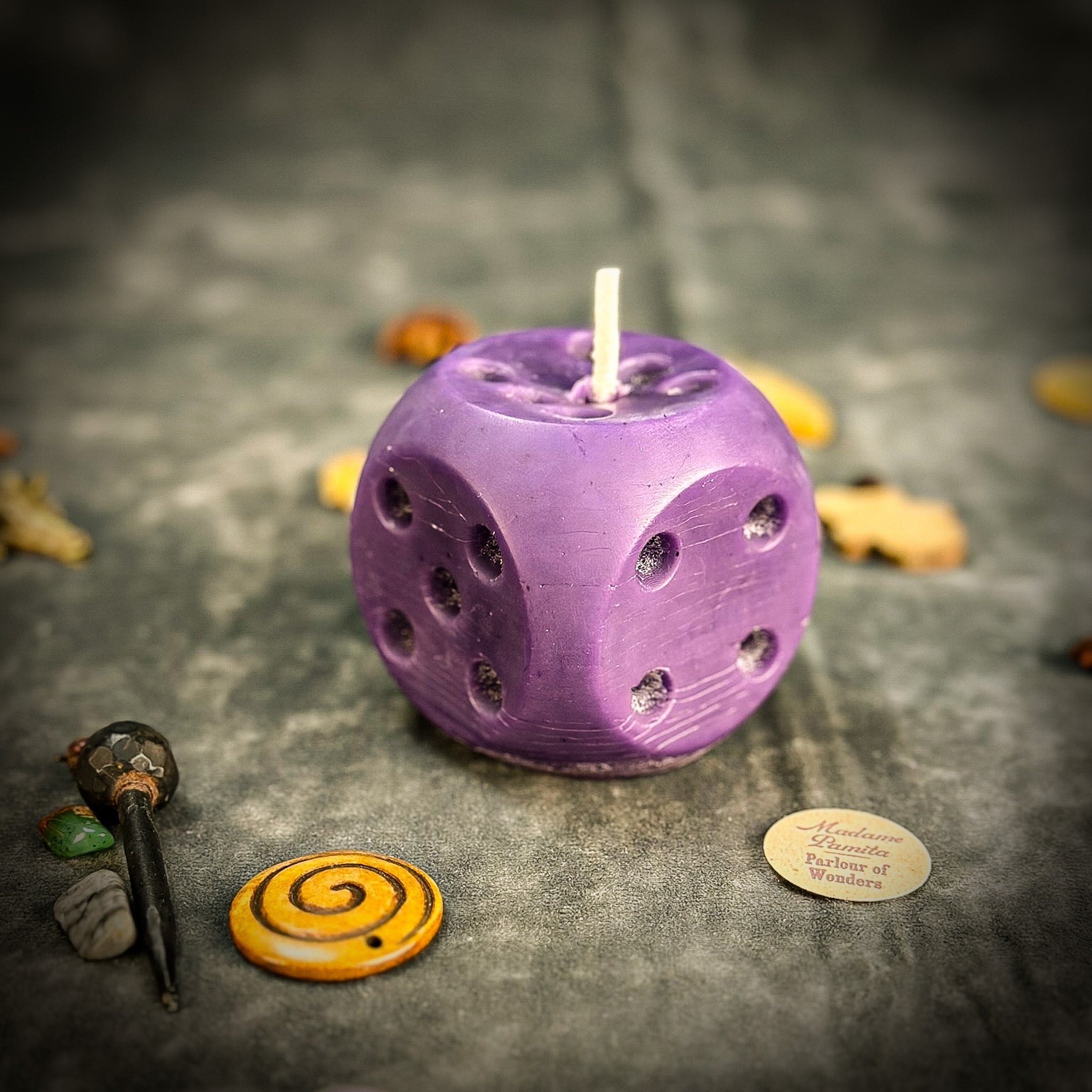 Parlour of Wonders Lucky Dice Candle Spell Kit with orange candle, dice, and spell components for gambling luck and good fortune.