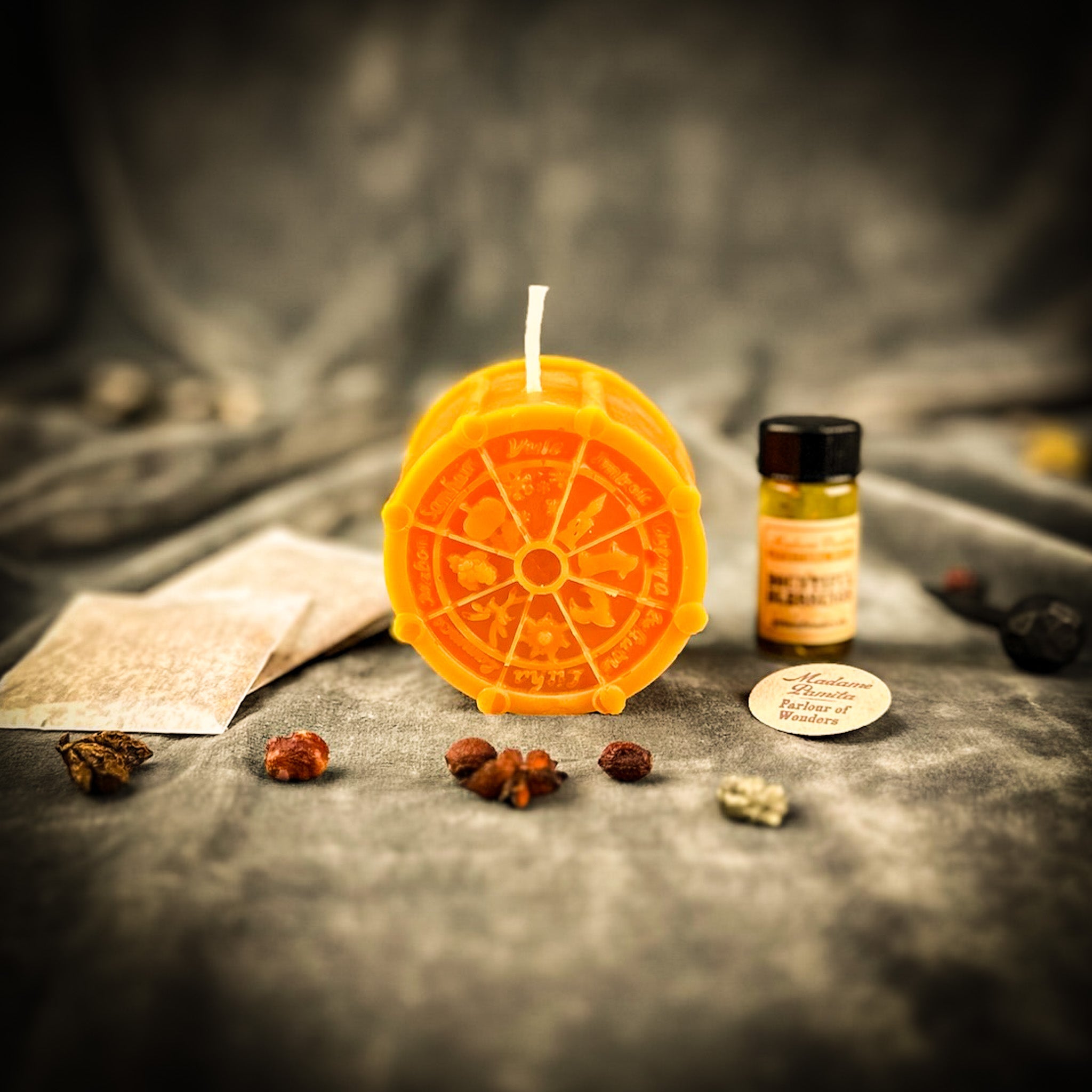 Parlour of Wonders Wheel of the Year Wishes Candle Spell Kit with orange candles for Sabbat celebrations and seasonal magic.