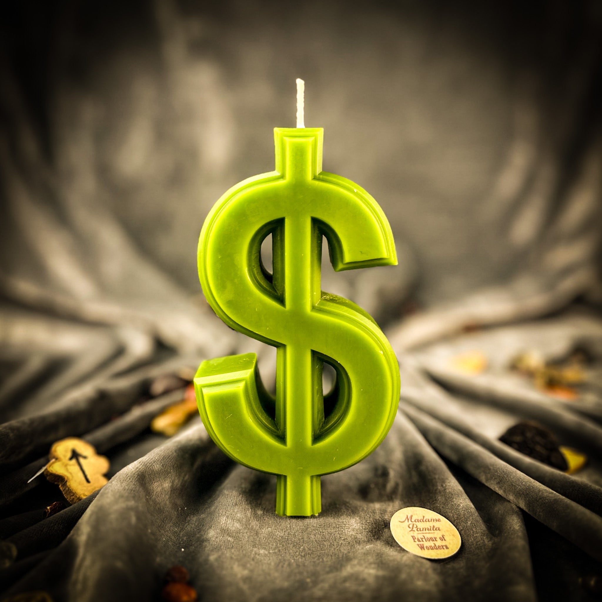 Orange Dollar Sign Candle Spell Kit by Parlour of Wonders for wealth and luxury magic, includes candles and spell components.