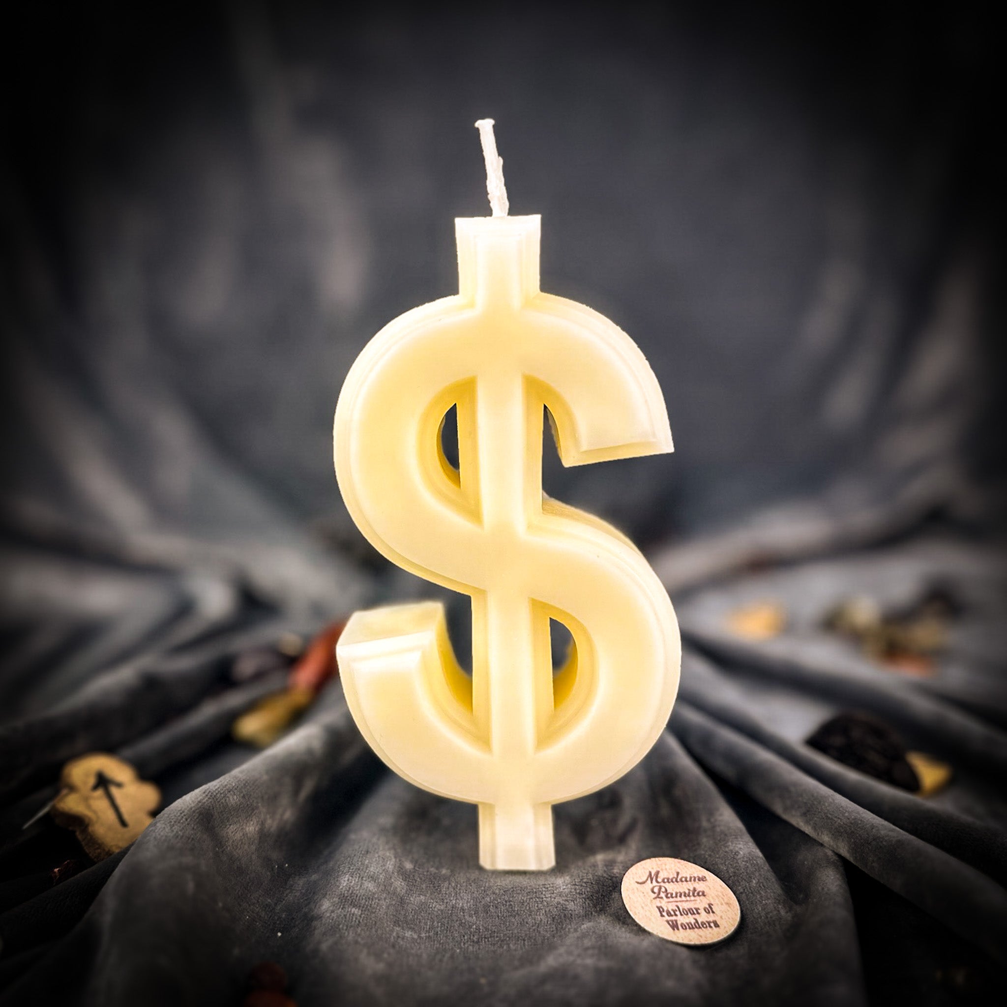 Orange Dollar Sign Candle Spell Kit by Parlour of Wonders for wealth and luxury magic, featuring candles and spell components.