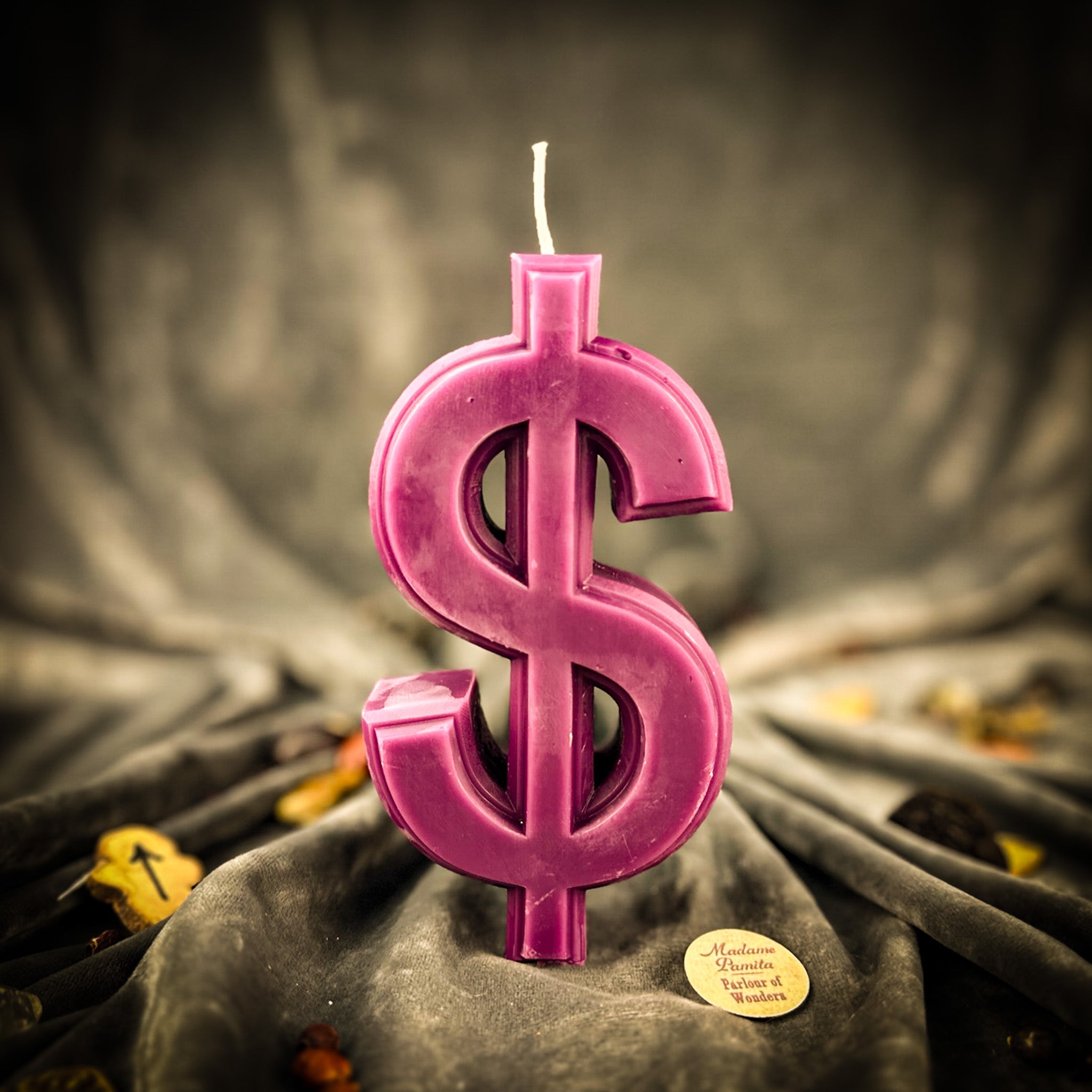 Parlour of Wonders Dollar Sign Candle Spell Kit with orange candles for wealth and luxury magic, featuring dollar sign symbols.