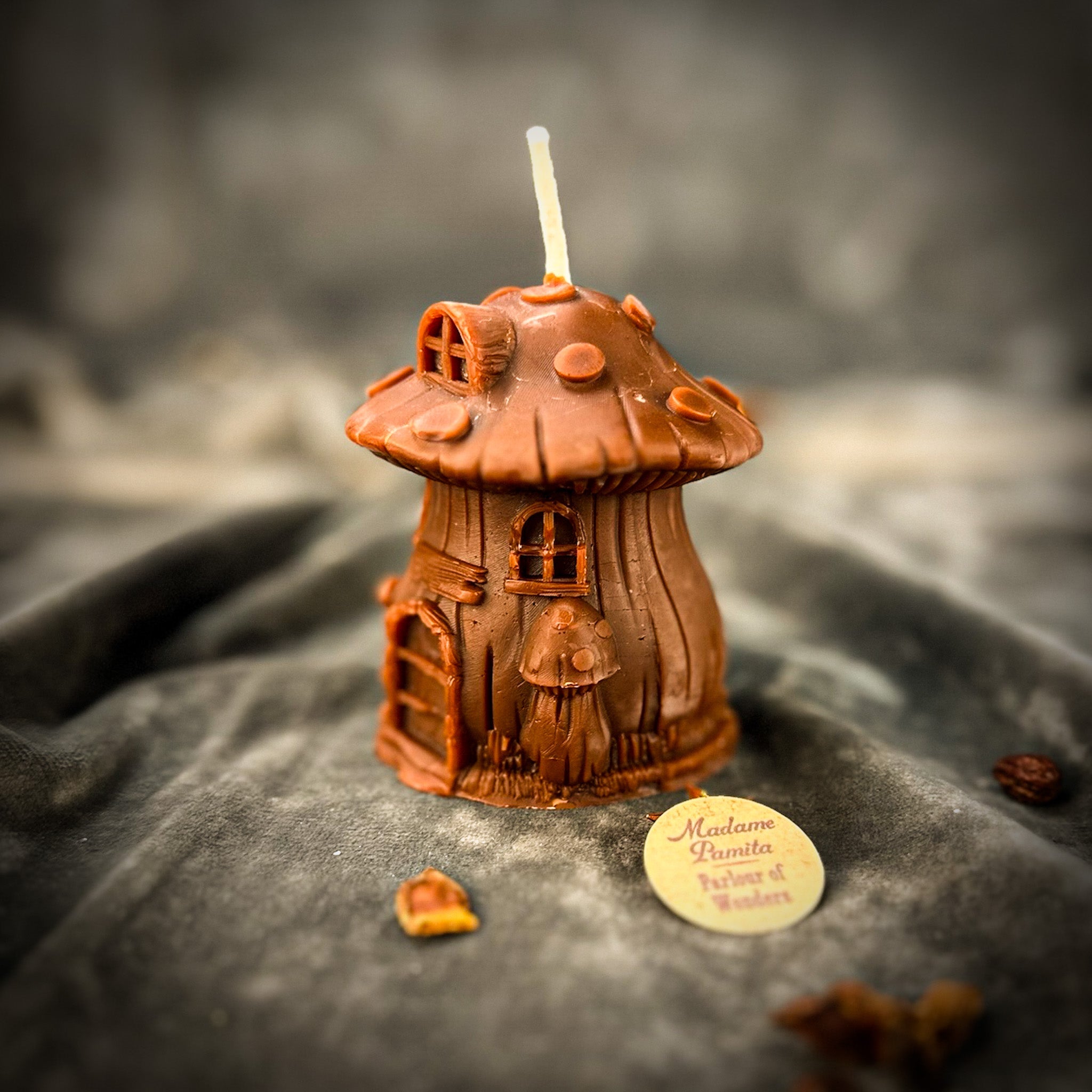 Cleansing Mushroom Fairy Hut Candle Spell Kit by Parlour of Wonders with orange spell candle for purification and renewal magic.