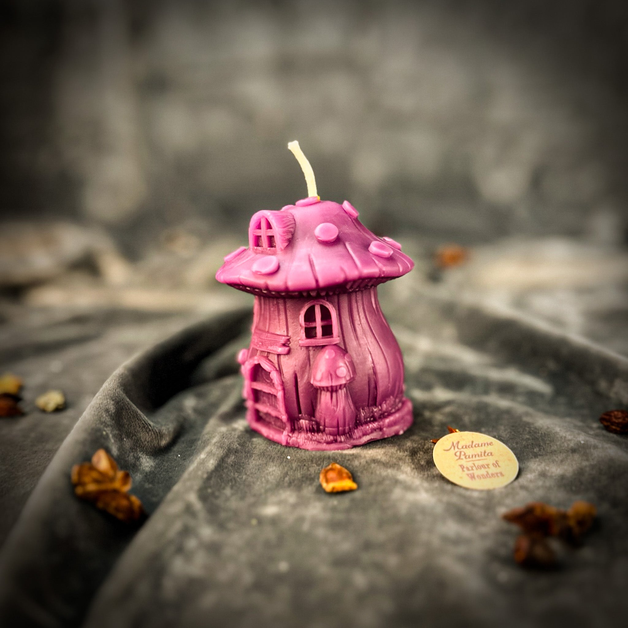 Parlour of Wonders cleansing mushroom fairy hut candle spell kit with orange candle for purification and renewal magic.