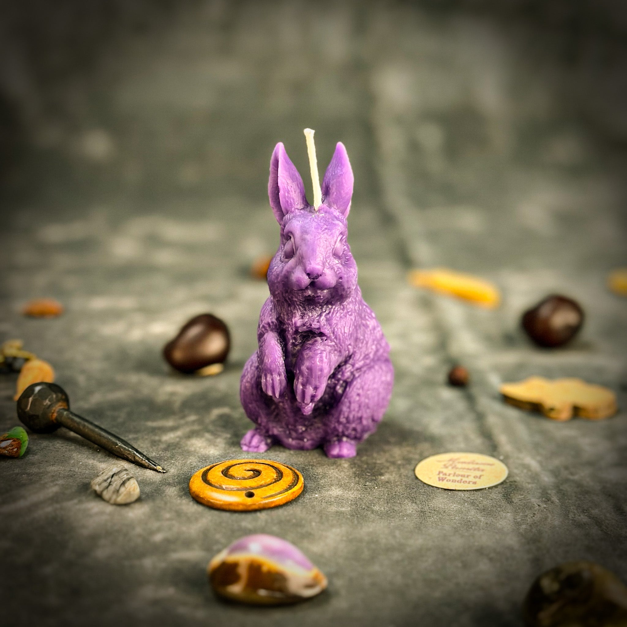 Parlour of Wonders Enchanted Bunny Candle Spell Kit for abundance and quick thinking, featuring a vibrant orange candle and magical tools.