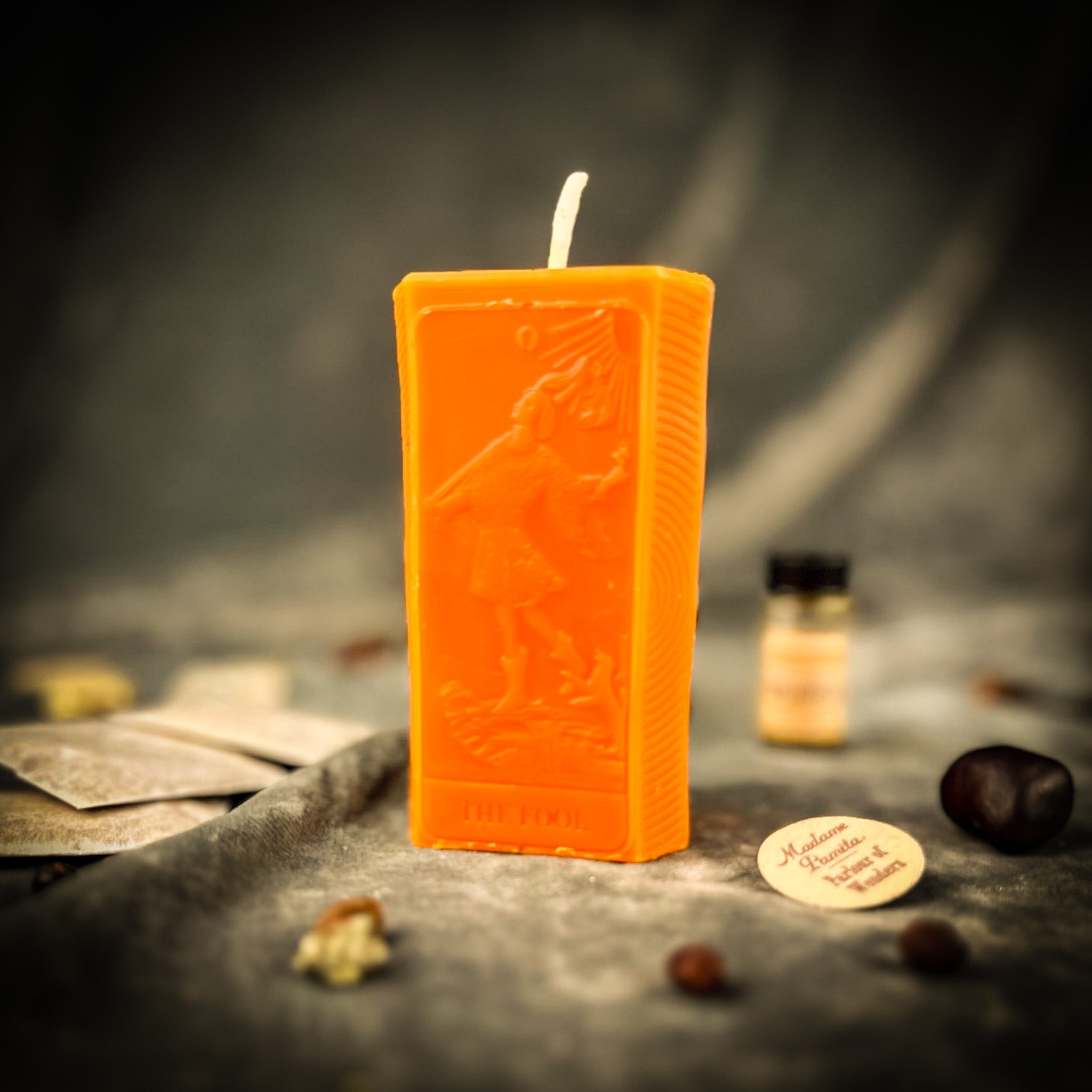 Parlour of Wonders Fool Candle Spell Kit for new beginnings and adventure magic, featuring orange candles and mystical accessories.