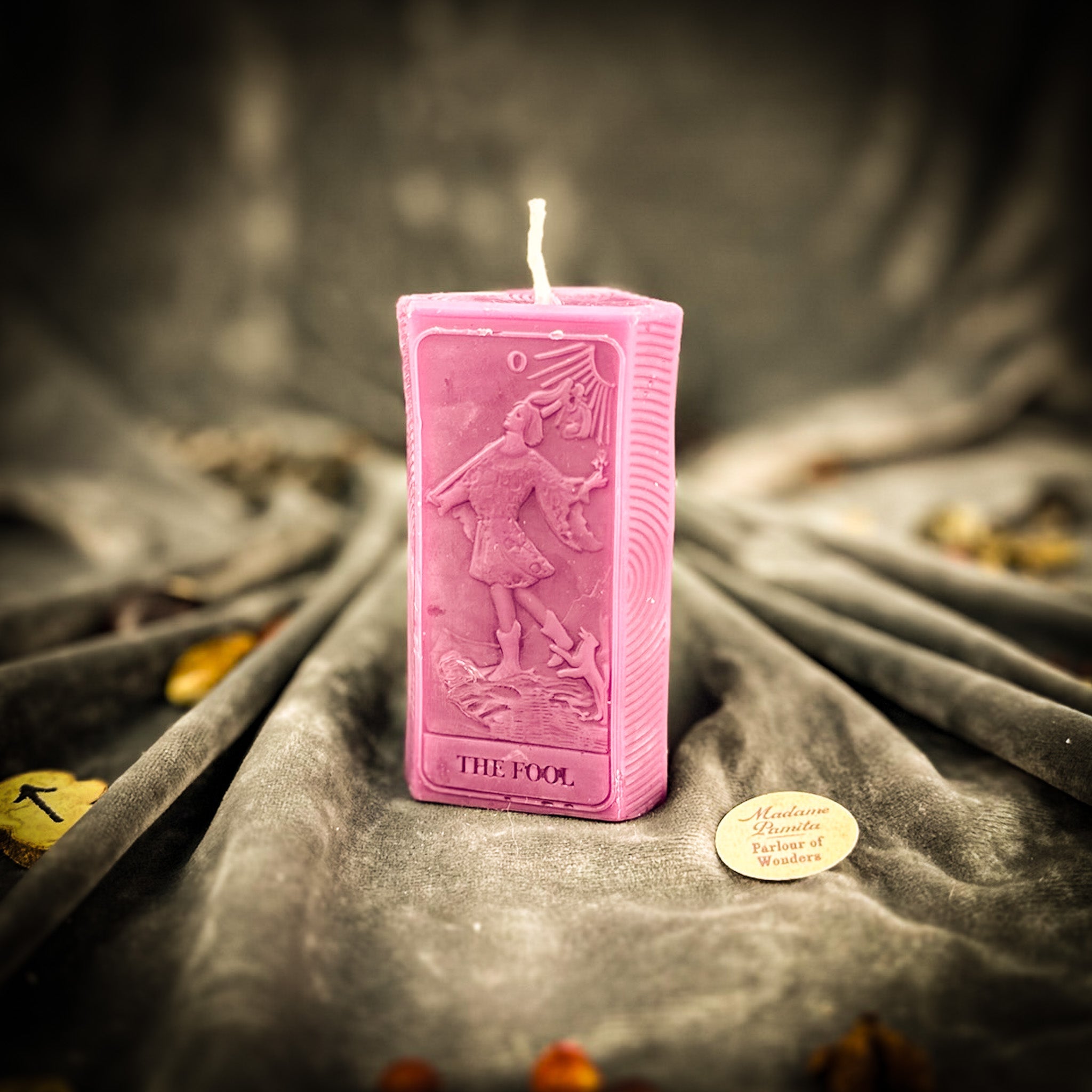 Parlour of Wonders Candle Spell Kit with orange candle for new beginnings and adventure magic, featuring The Fool design.