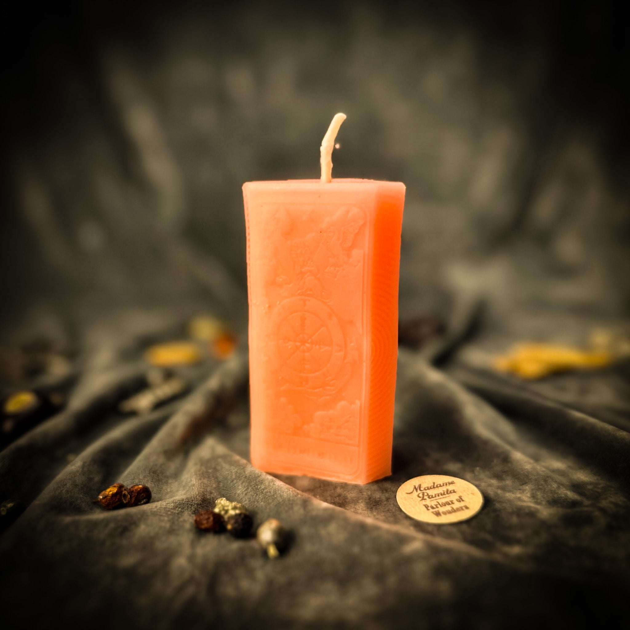 Orange Candle Spell Kit from Parlour of Wonders, featuring tools for luck and opportunity magic with the Wheel of Fortune theme.