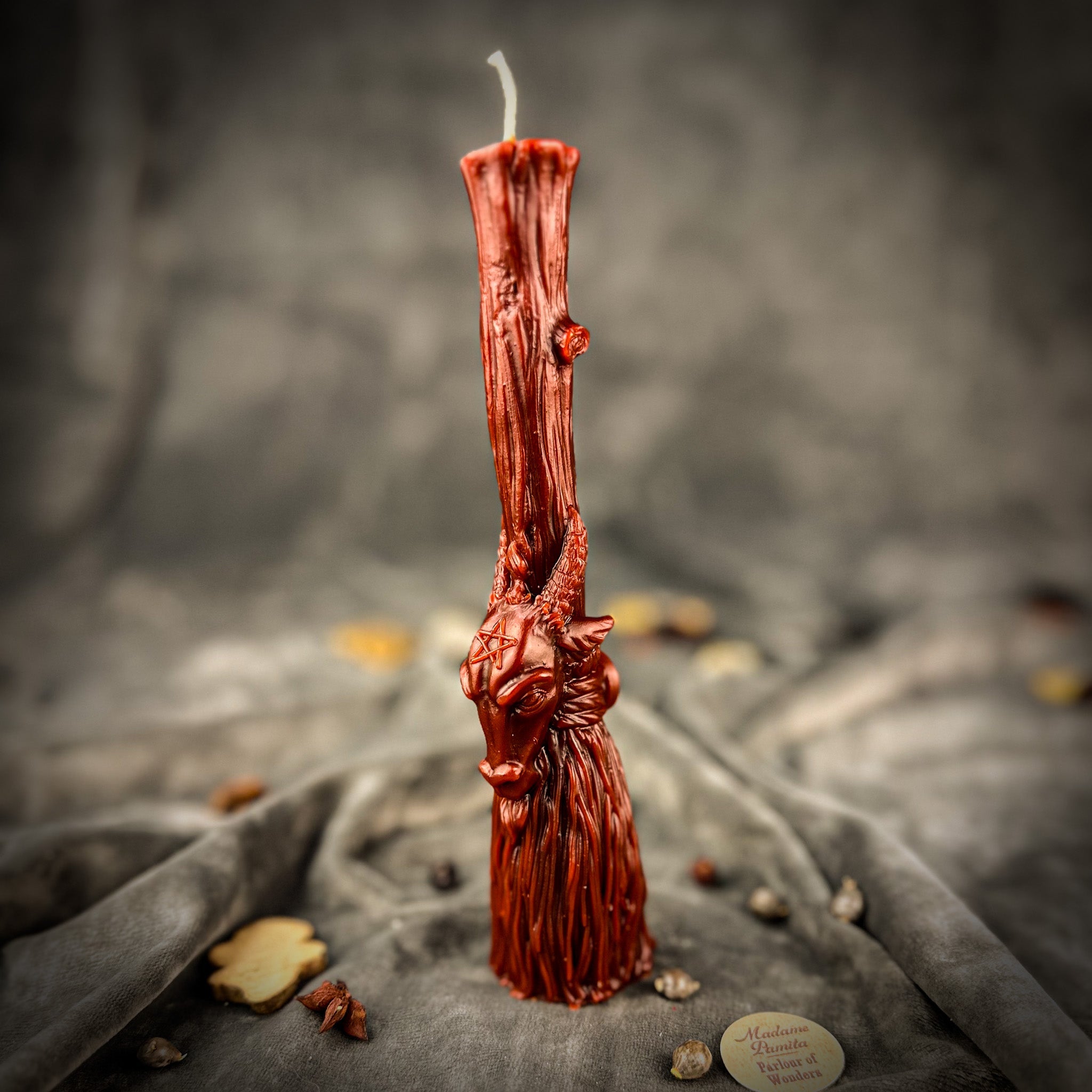 Sacred Goat Broom Candle Spell Kit by Parlour of Wonders, featuring orange candles for banishing and protection rituals.