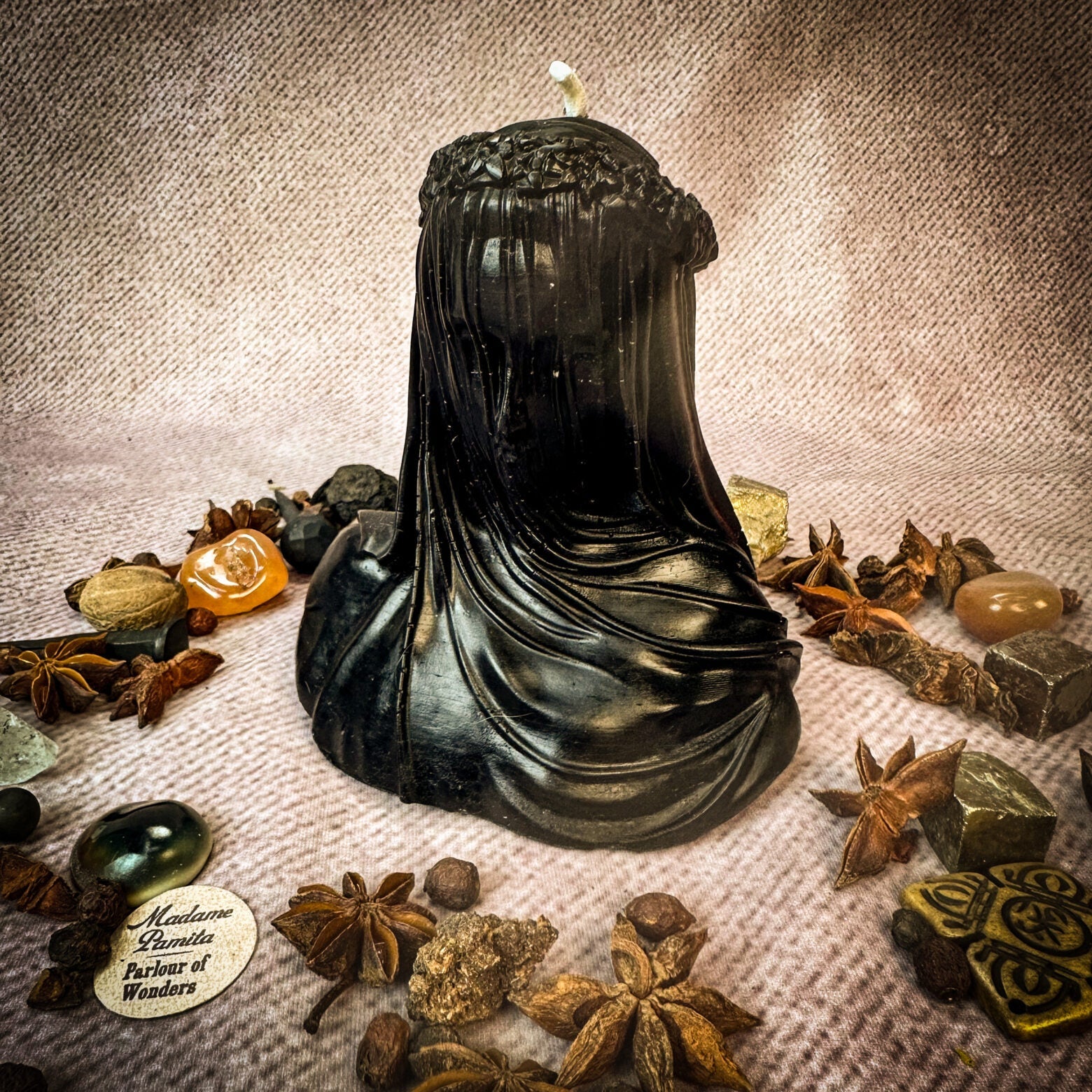 Veil of Secrets Candle Spell Kit by Parlour of Wonders with orange candles and spell components for truth and privacy magic.