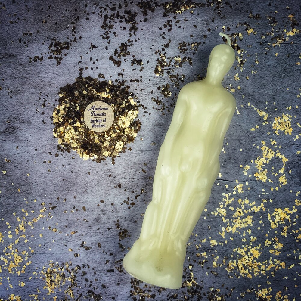 Pink male figural candle for spell work, part of Parlour of Wonders Candle Spell Kit for sympathetic magic and personal power.