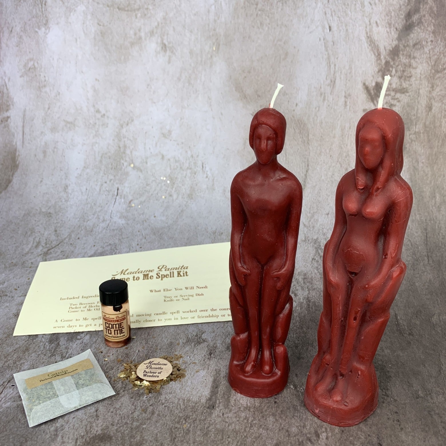 Purple Come to Me Candle Spell Kit by Parlour of Wonders, featuring candles and ritual tools to attract love and passion for women.