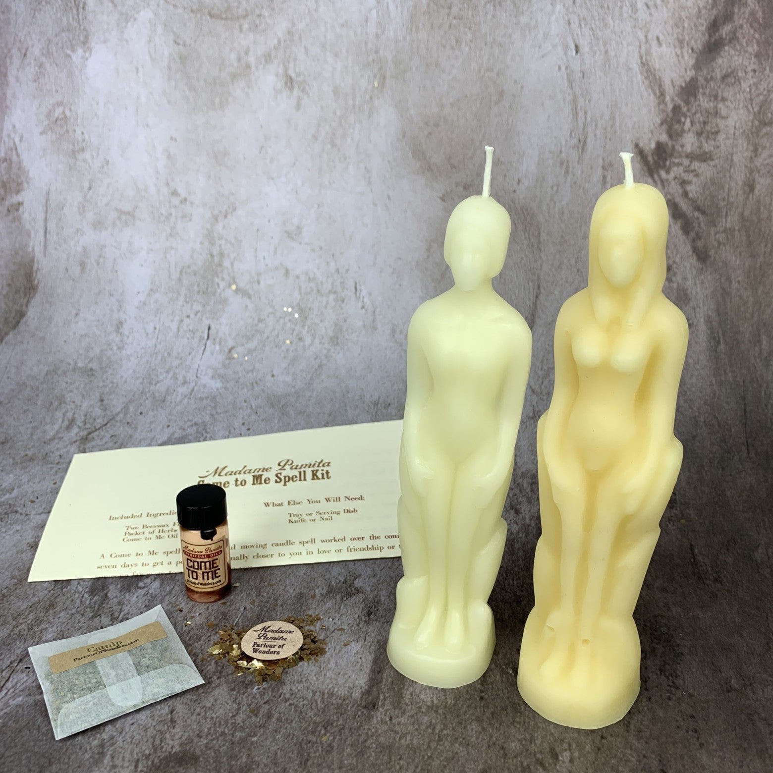 Purple Come to Me Candle Spell Kit by Parlour of Wonders featuring a female candle for attracting love and passion.