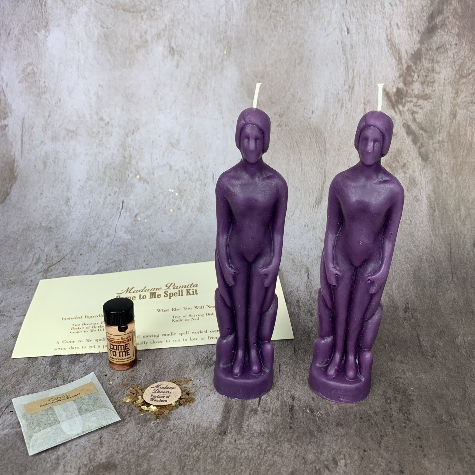 Come to Me Candle Spell Kit by Parlour of Wonders, includes purple candles for attracting love and passion.