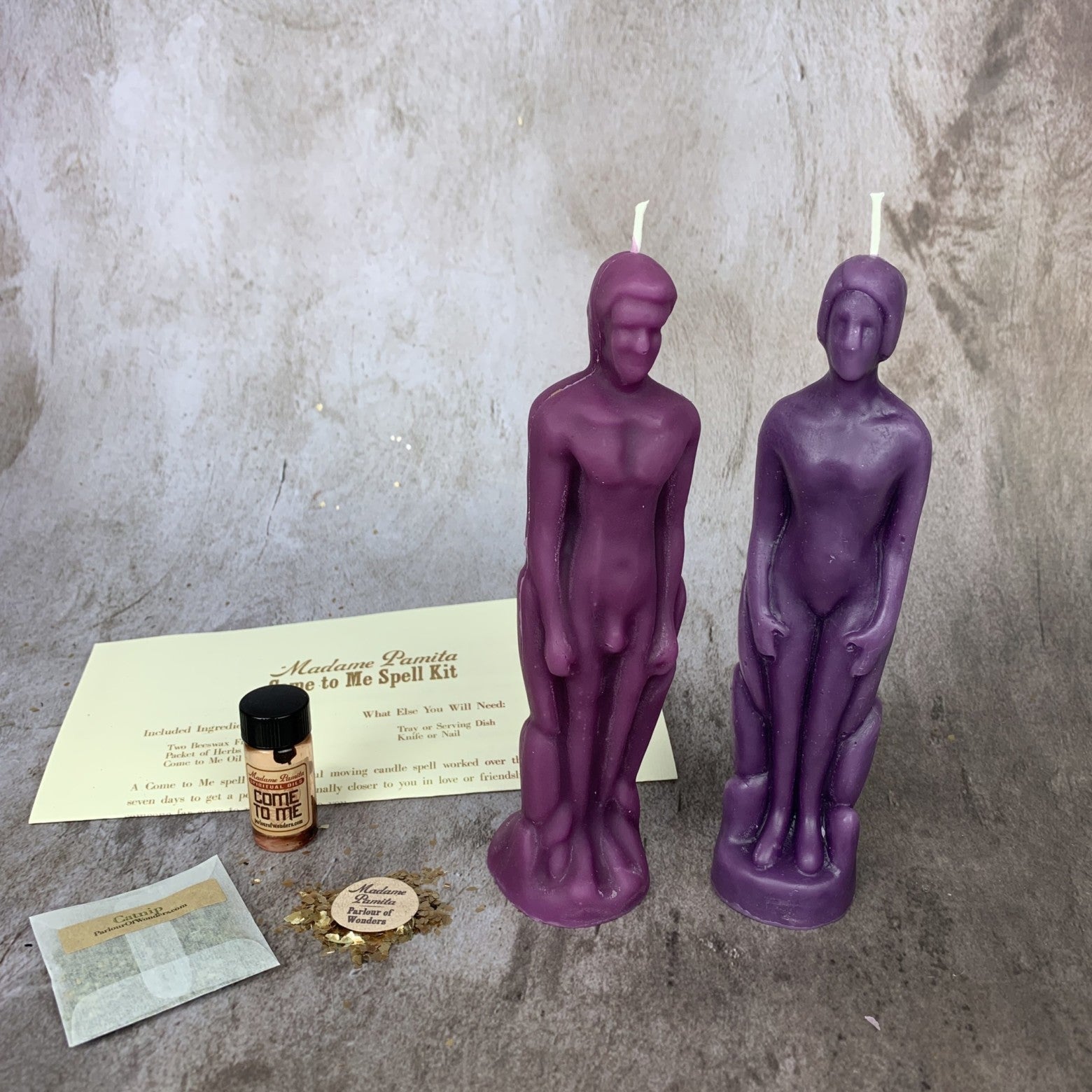 Purple Come to Me Candle Spell Kit by Parlour of Wonders, designed to attract love and passion, featuring a human/male figure candle.