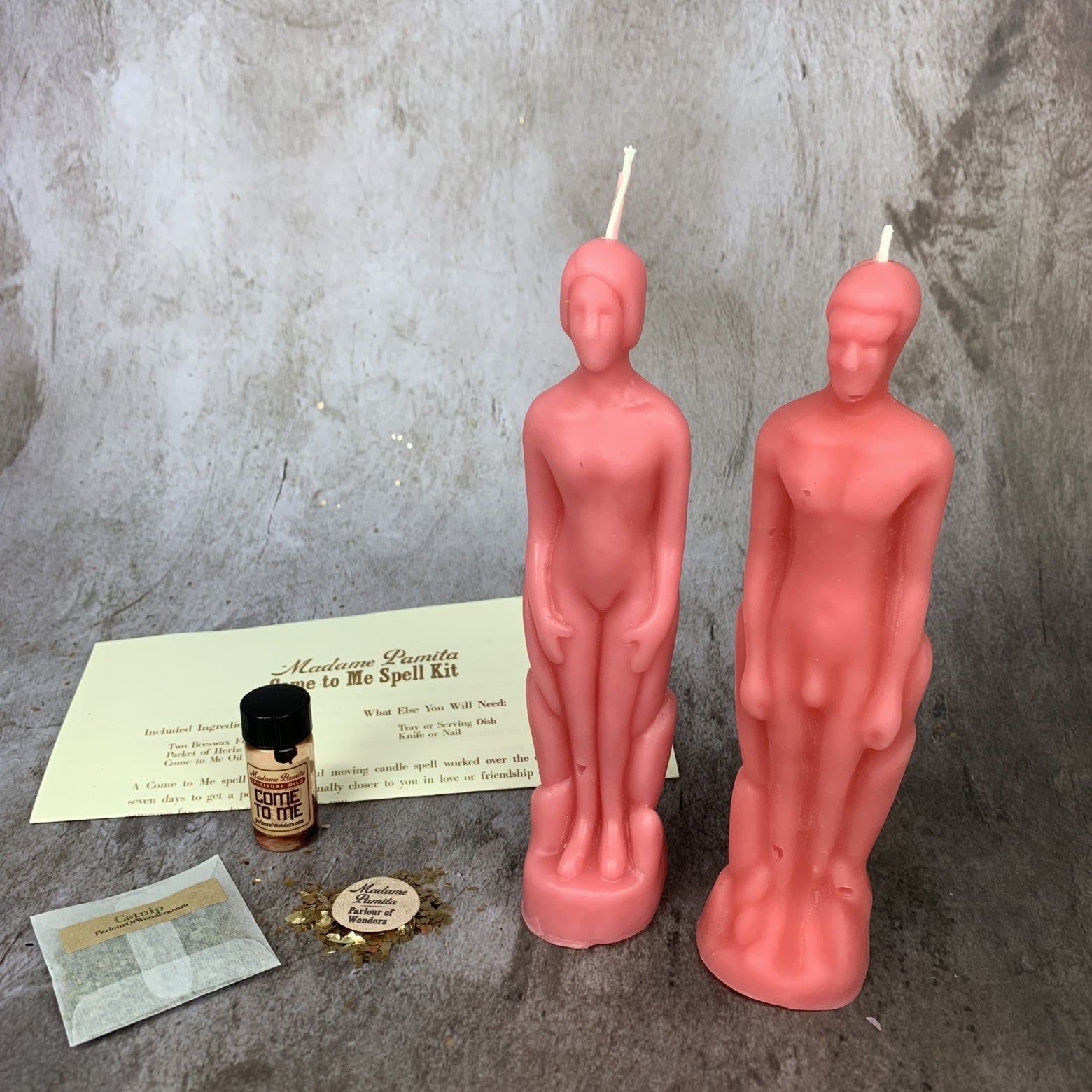 Purple candle spell kit by Parlour of Wonders featuring a human male figure for attracting love and passion.