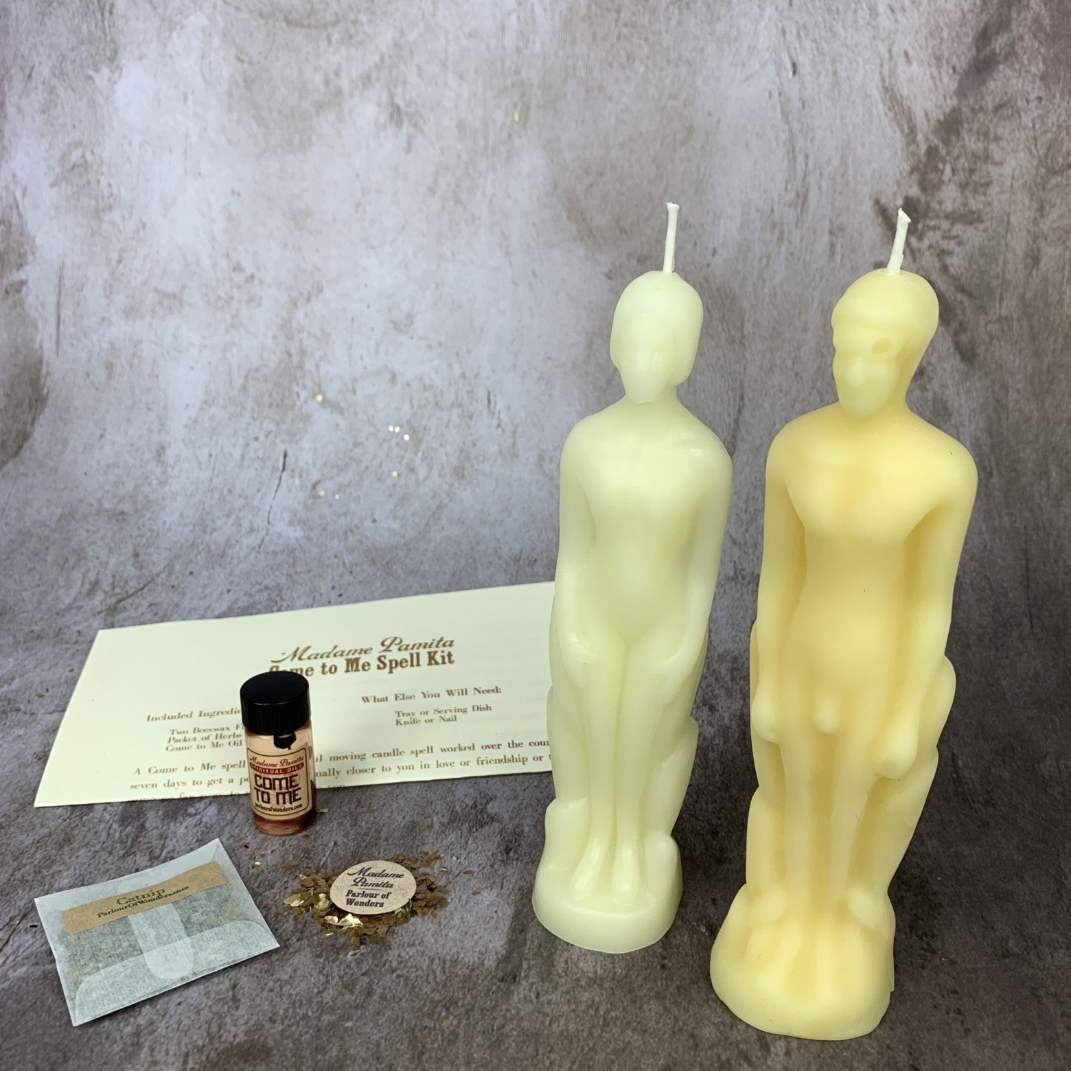 Come to Me Candle Spell Kit by Parlour of Wonders, purple candle for attracting love and passion, featuring a human/male figure.