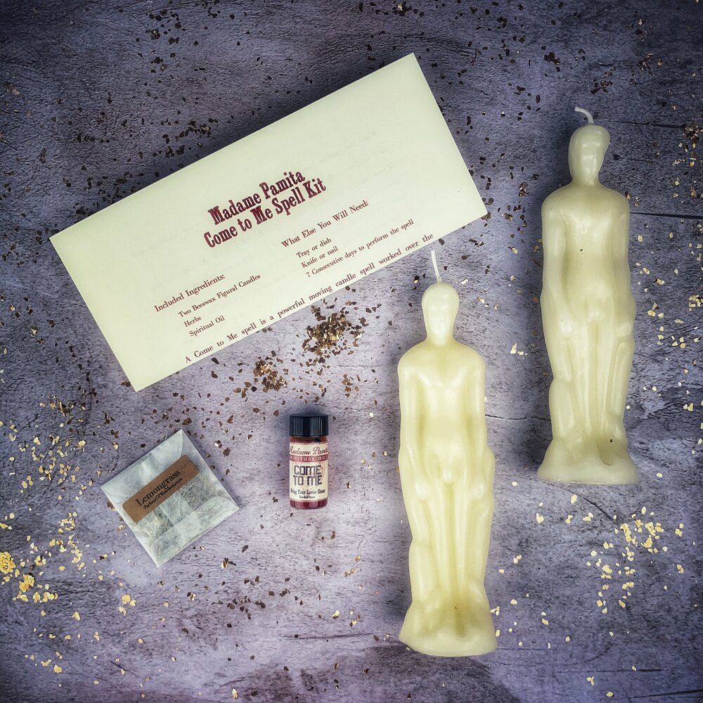 Purple Come to Me Candle Spell Kit for male/male love and passion attraction, featuring candles and spell components from Parlour of Wonders.