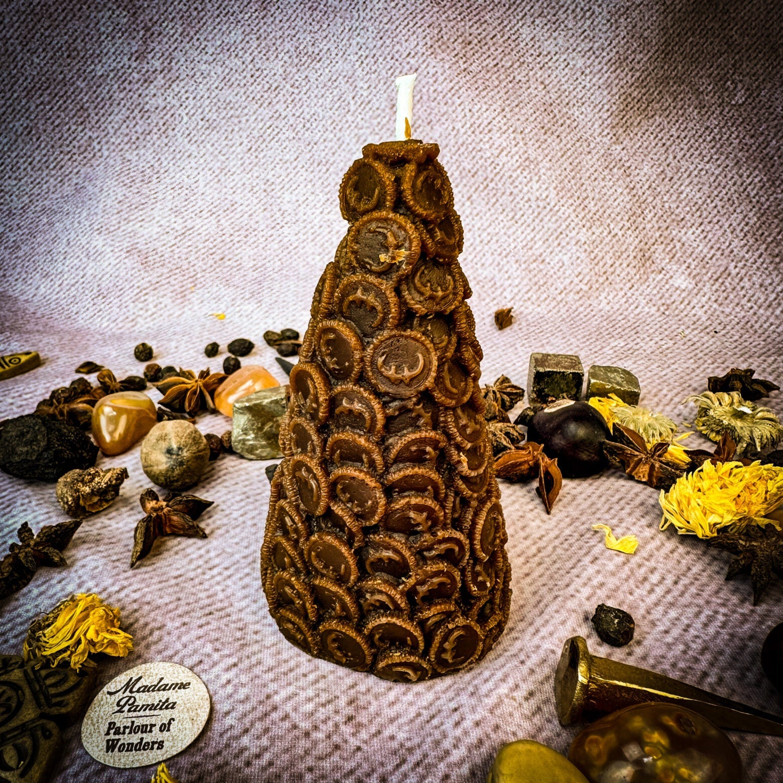 Red Cone of Coins Candle Spell Kit by Parlour of Wonders for money attraction and prosperity magic, with candles and spell components.