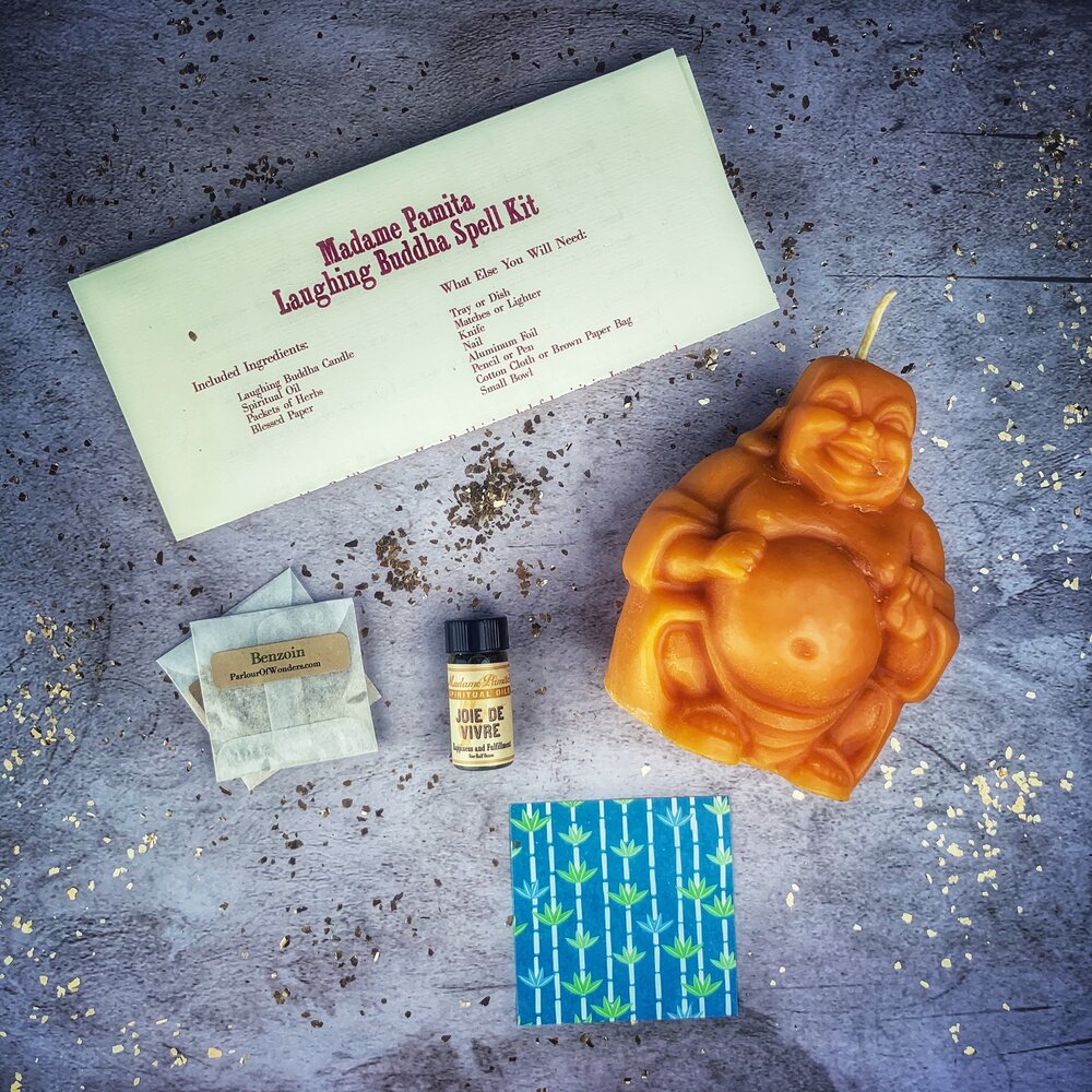 Red Passion Laughing Buddha Candle Spell Kit by Parlour of Wonders for abundance, wealth, luck, and prosperity magic.