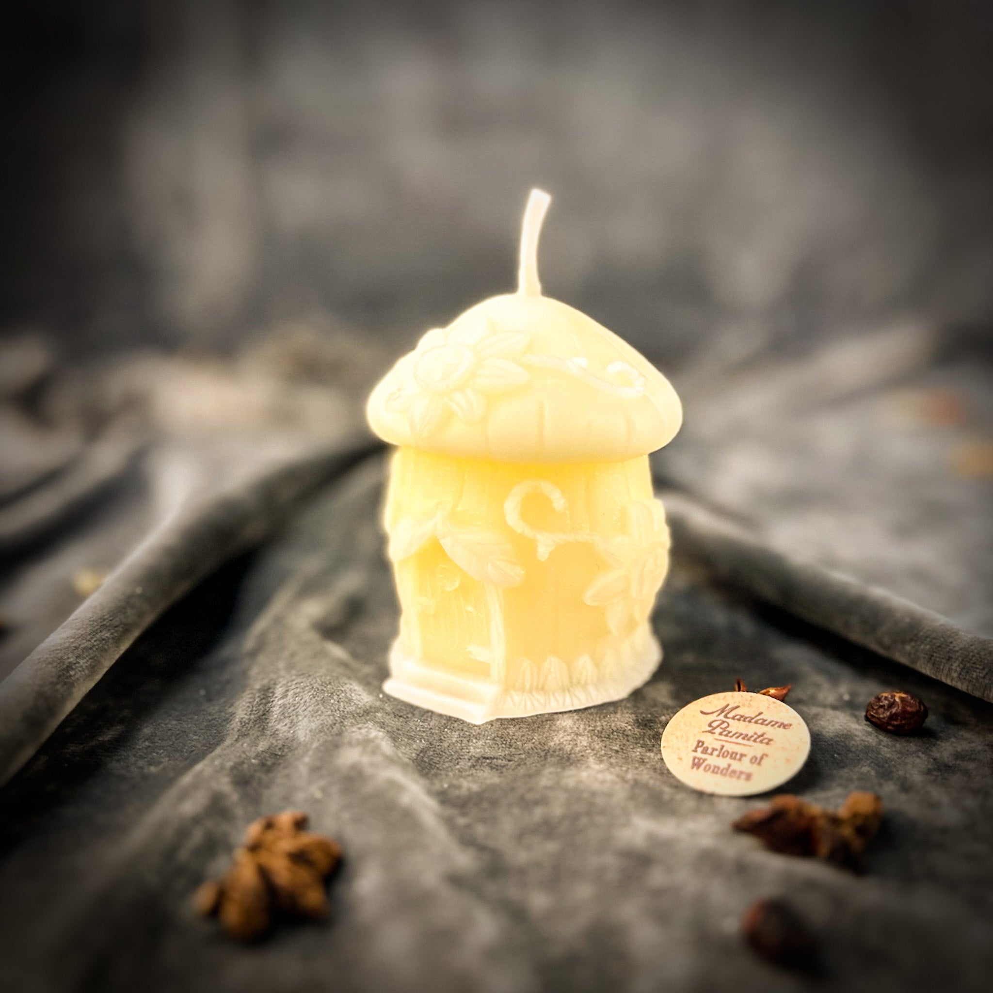 Love Shack Fairy Hut Candle Spell Kit by Parlour of Wonders featuring red candles, fairy hut imagery, and romantic magic elements.