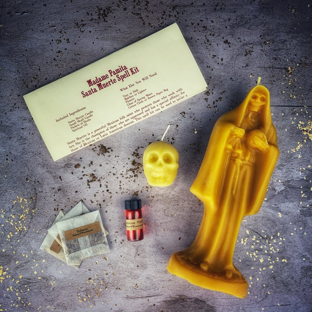 Red Santa Muerte Candle Spell Kit by Parlour of Wonders, featuring sacred folk saint devotion and protection symbols.