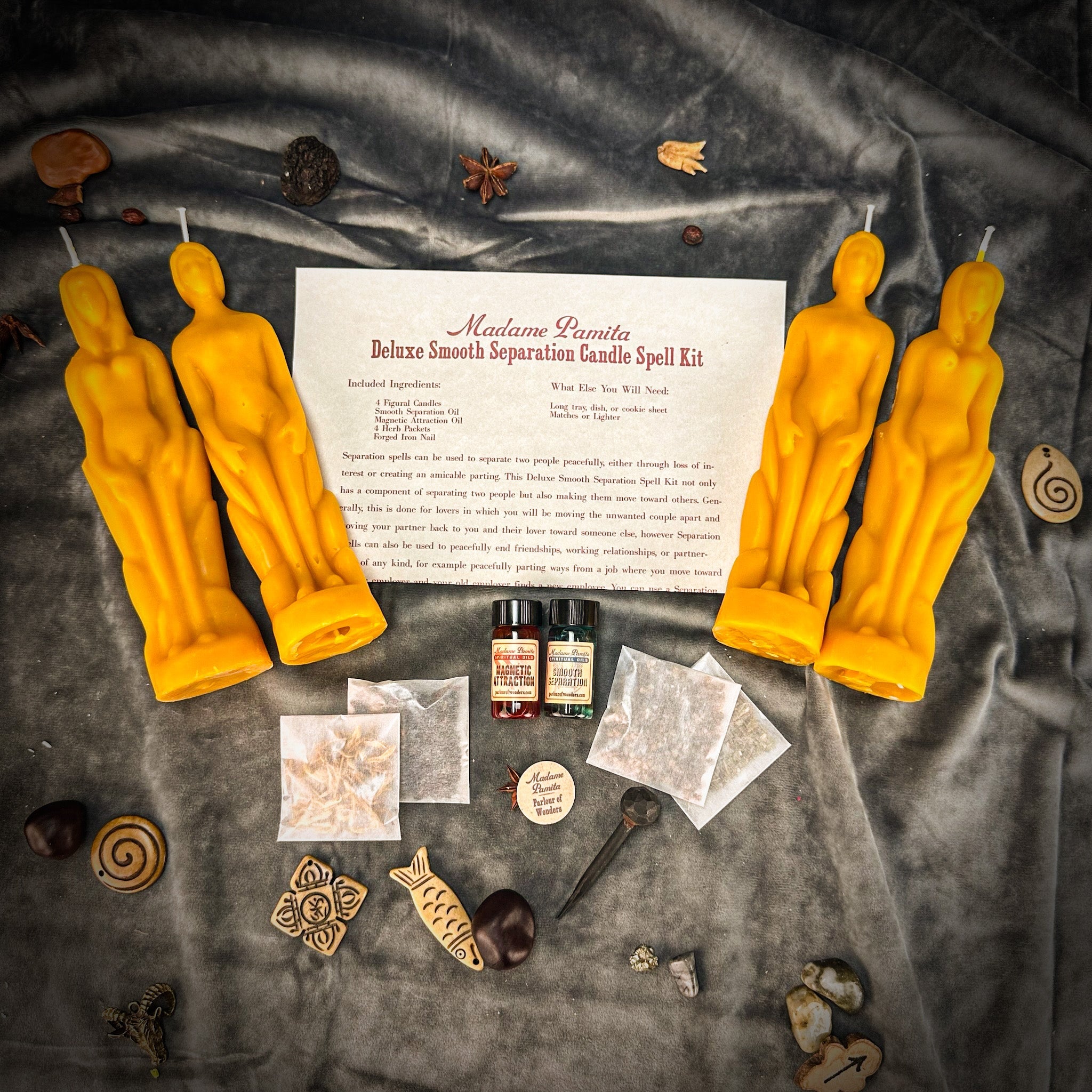 Deluxe Smooth Separation Candle Spell Kit by Parlour of Wonders featuring red candles for peaceful parting and love direction.