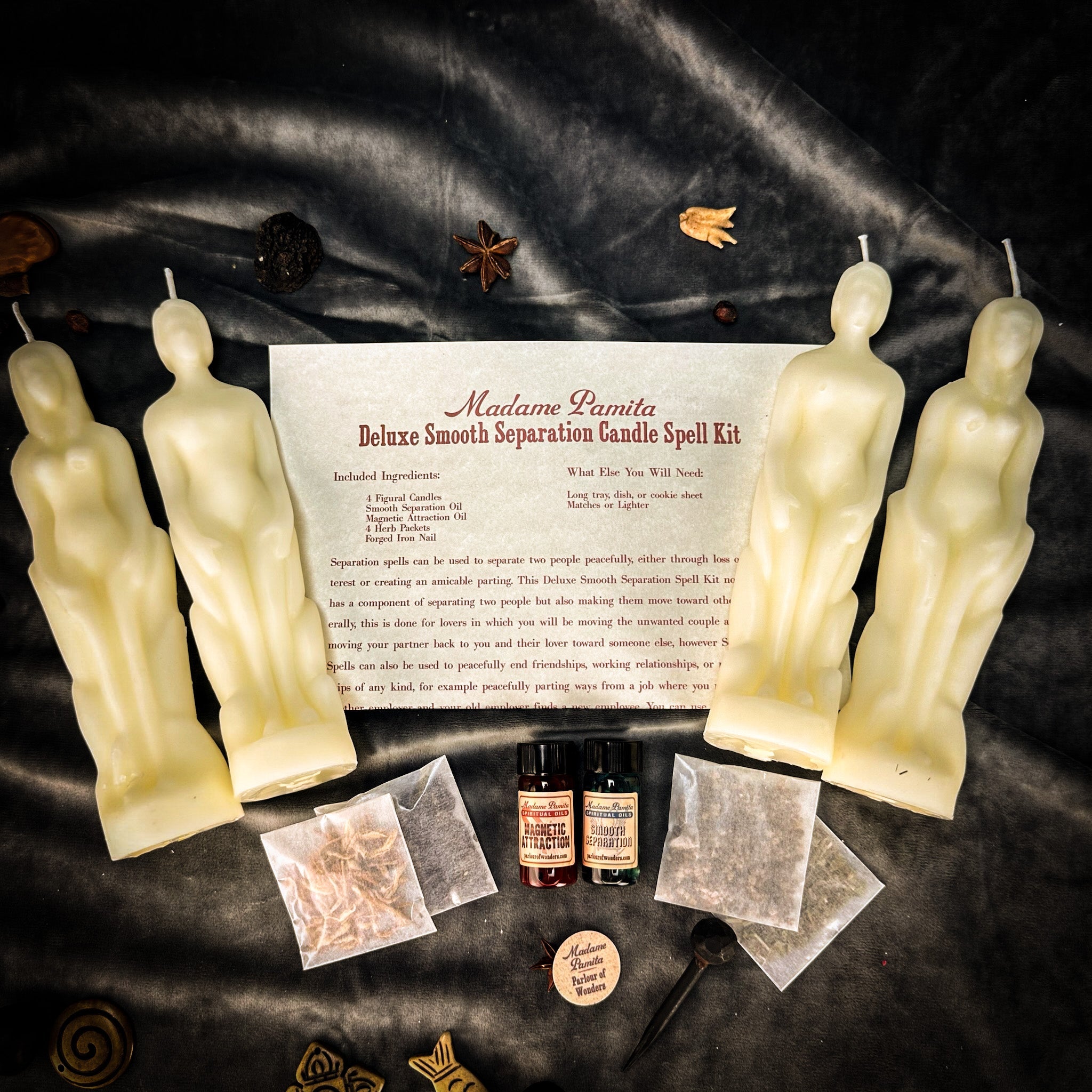 Deluxe Smooth Separation Candle Spell Kit by Parlour of Wonders featuring red candles and ritual tools for peaceful parting and love guidance.