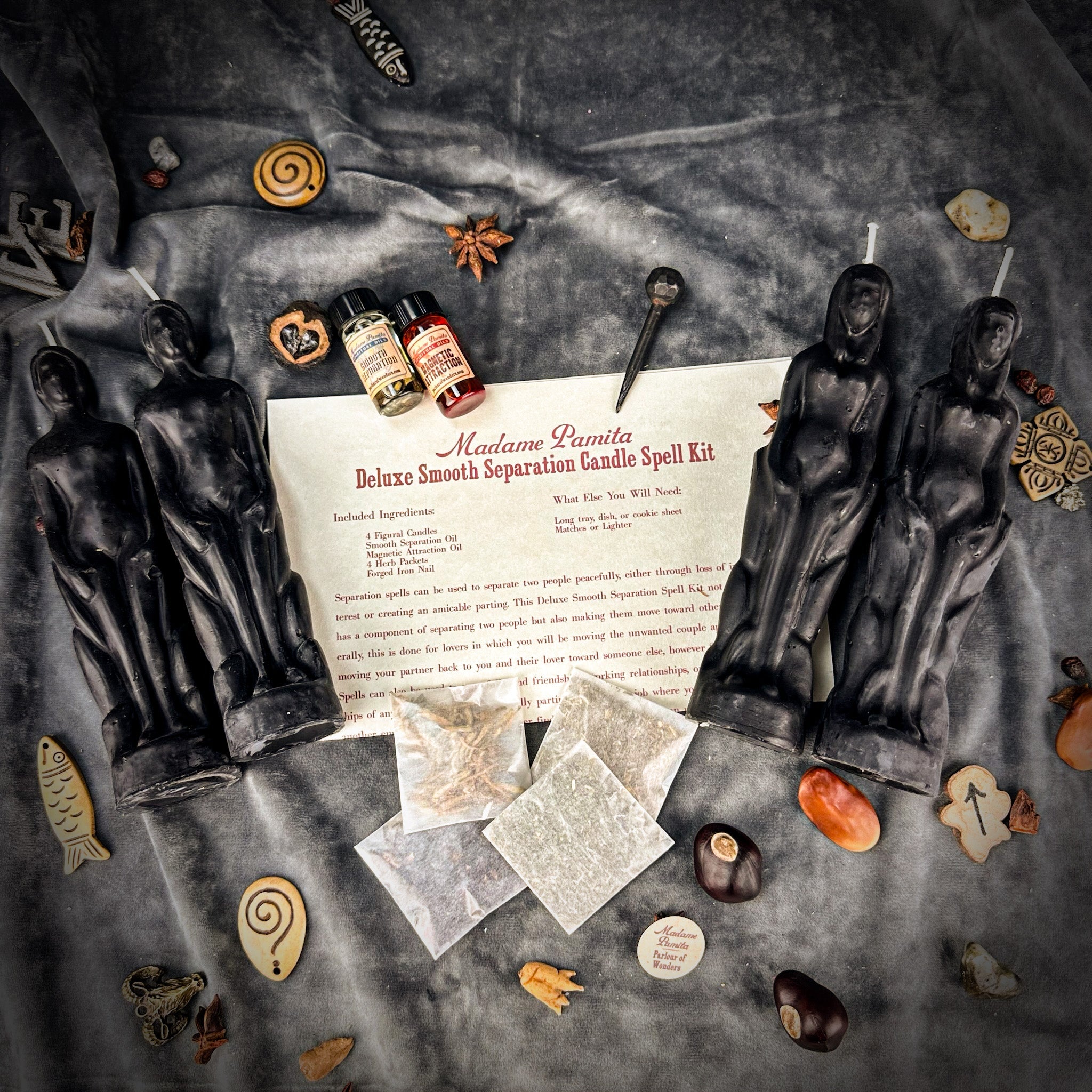 Red candle spell kit by Parlour of Wonders for peaceful separation and love direction, featuring human female-themed candles and tools.