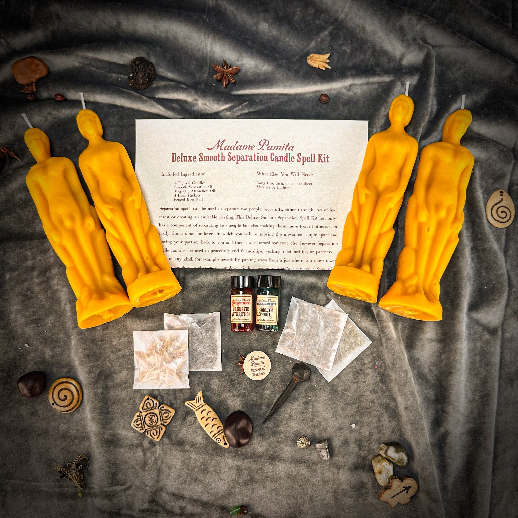 Deluxe Smooth Separation Candle Spell Kit by Parlour of Wonders with red candles for peaceful parting and love direction.