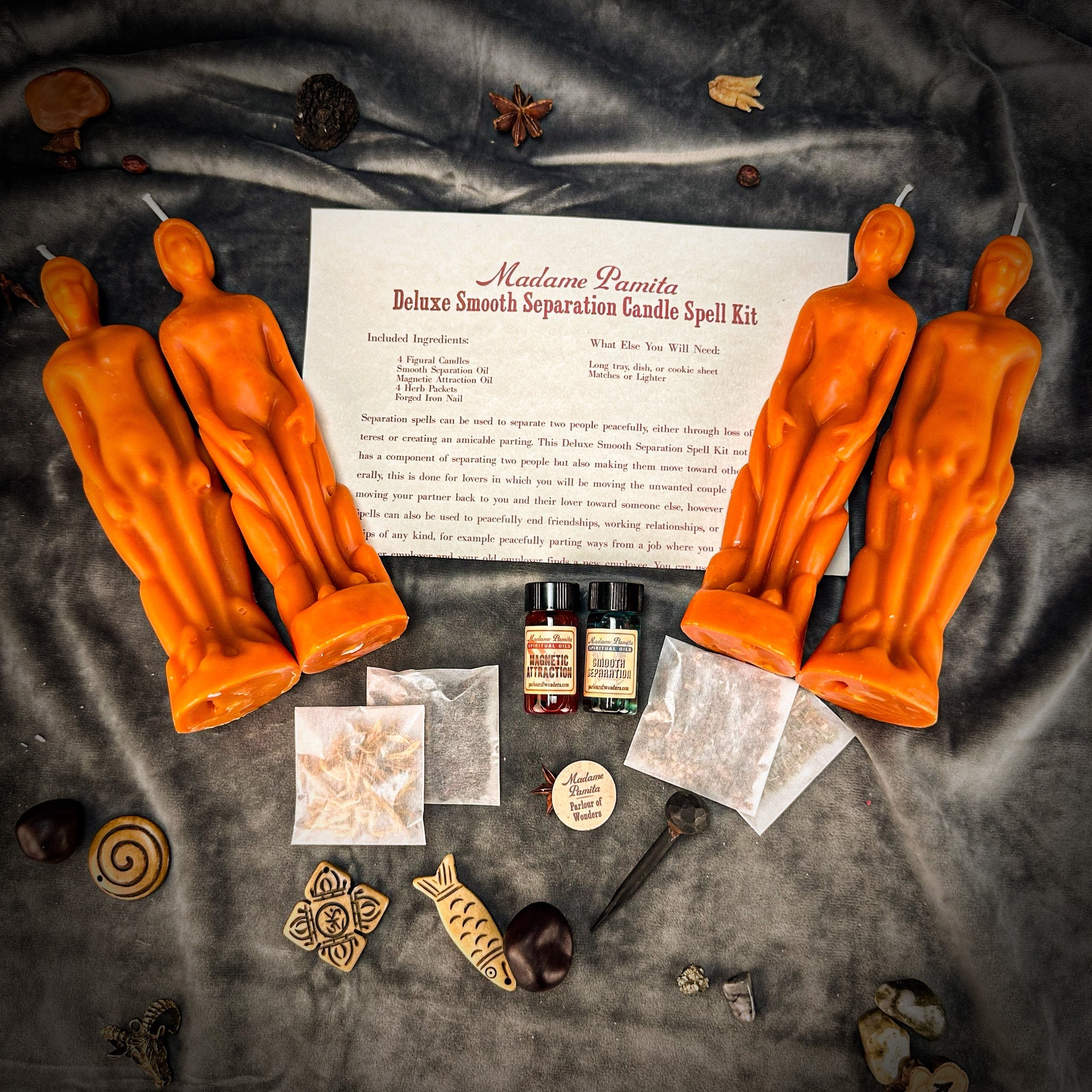 Deluxe Smooth Separation Candle Spell Kit by Parlour of Wonders featuring red candles for peaceful parting and love guidance.