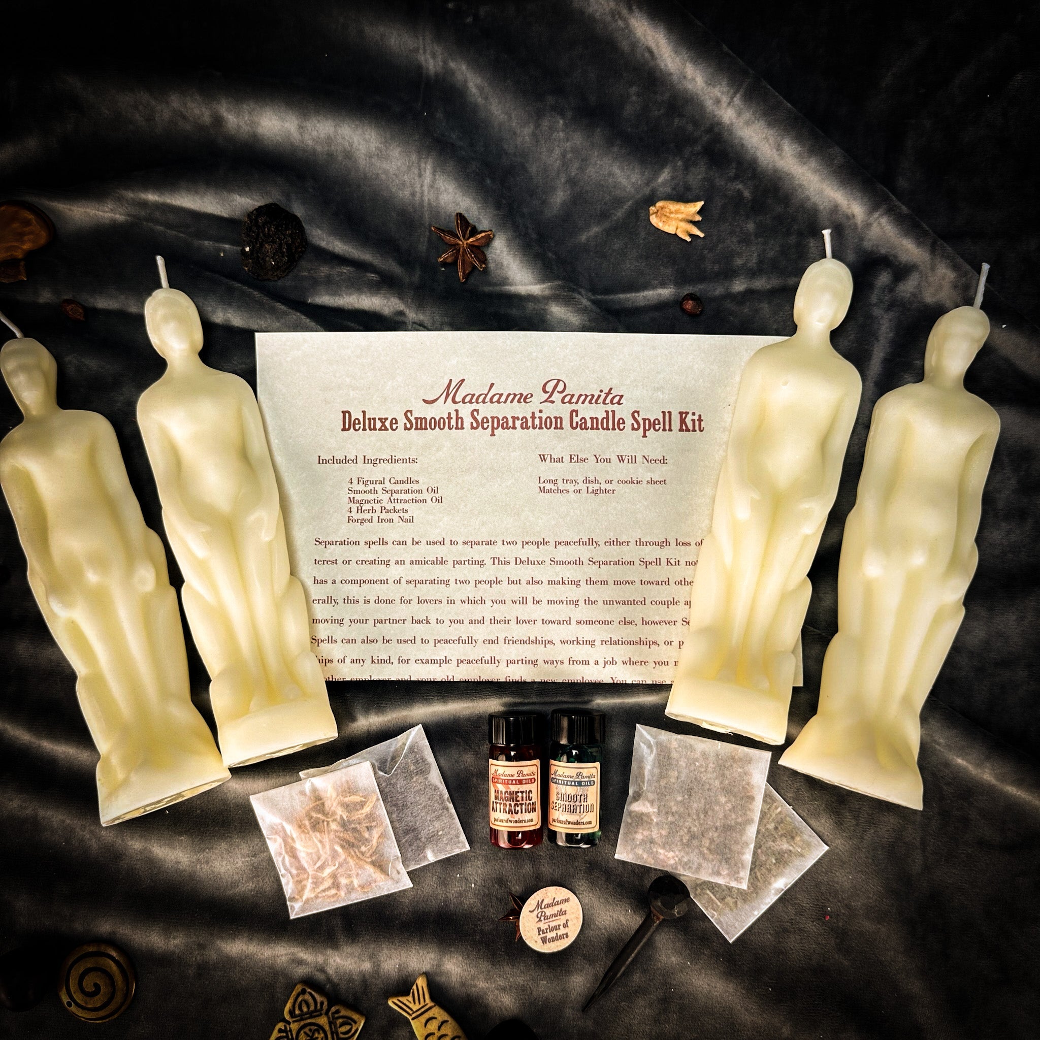 Deluxe Smooth Separation Candle Spell Kit by Parlour of Wonders featuring red candles for peaceful parting and love direction.