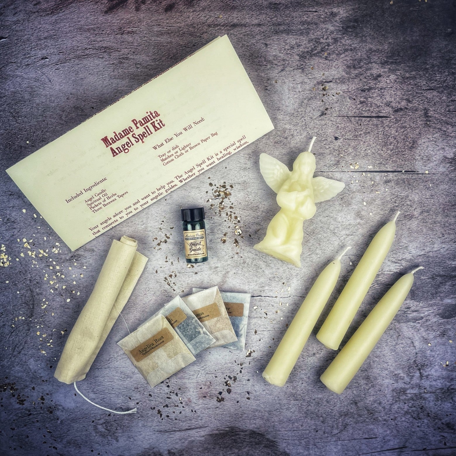 Red Angel Candle Spell Kit by Parlour of Wonders with candles and spiritual tools for connecting with spirit guides and divine blessings.