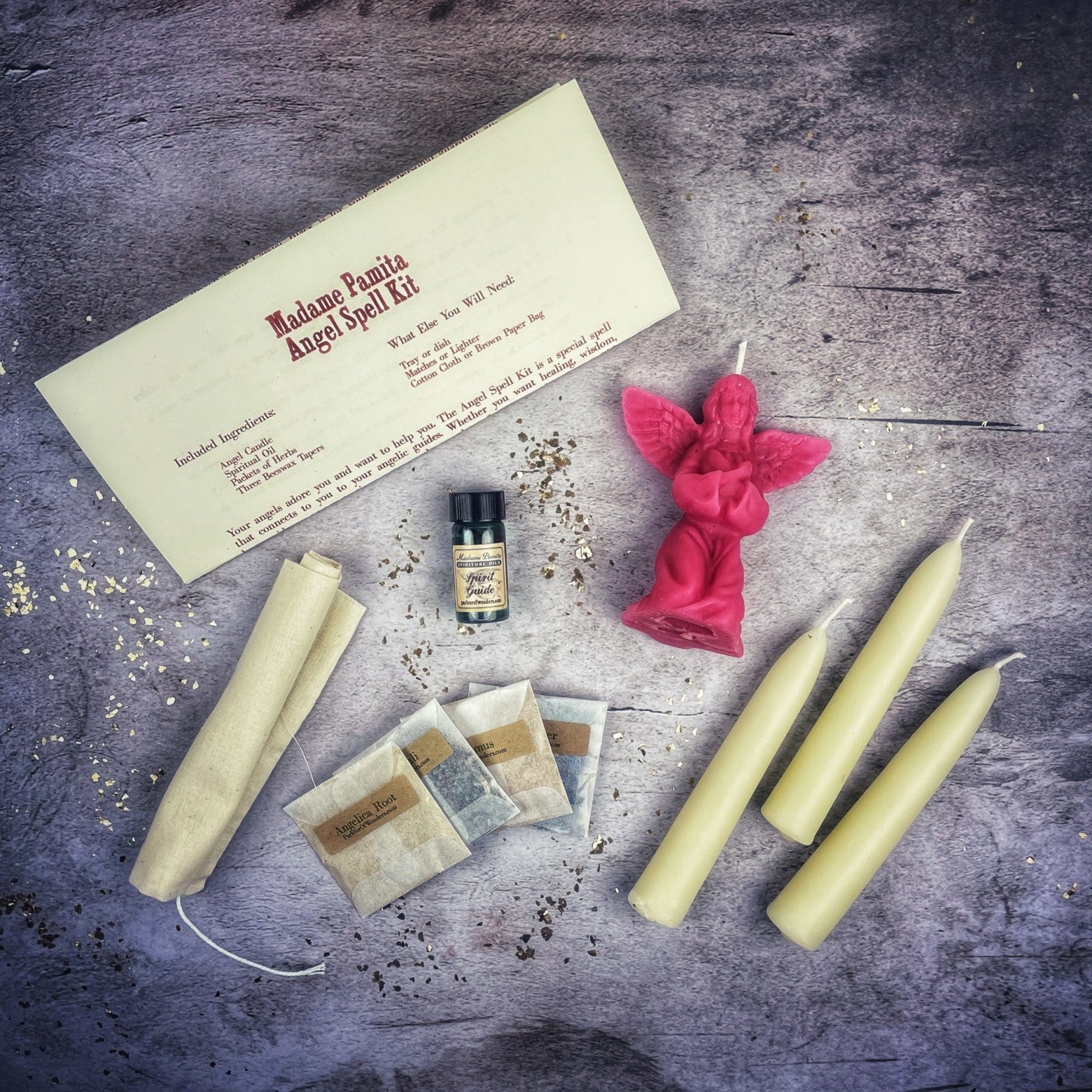 Red Angel Candle Spell Kit by Parlour of Wonders with candles and spiritual tools for connecting with spirit guides and divine blessings.