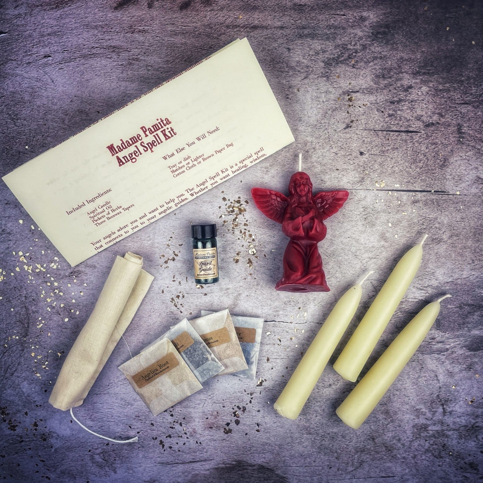 Red Angel Candle Spell Kit by Parlour of Wonders featuring candles and tools to connect with spirit guides and divine blessings.