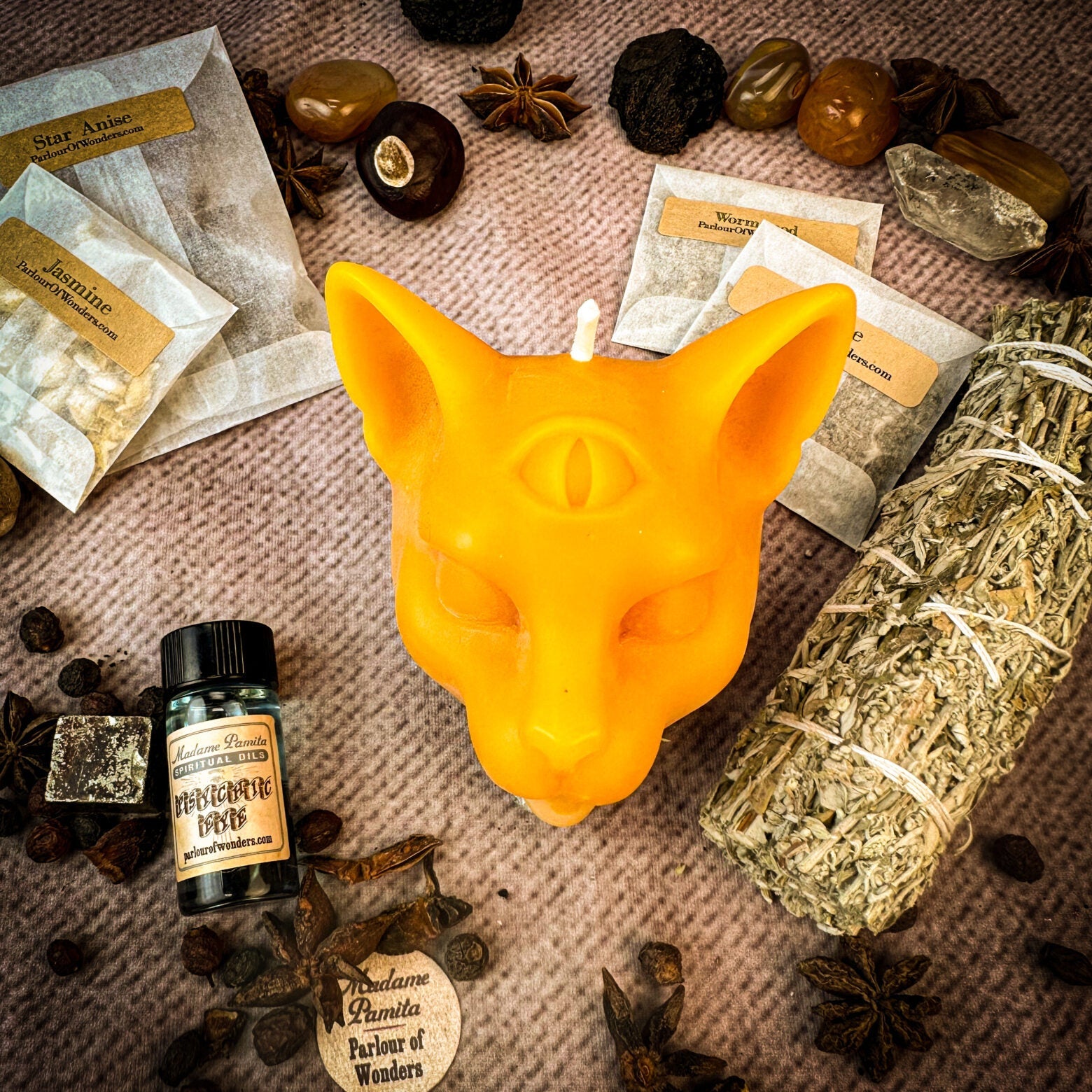 Psychic Eye Candle Spell Kit by Parlour of Wonders featuring a yellow candle for intuition and psychic abilities.