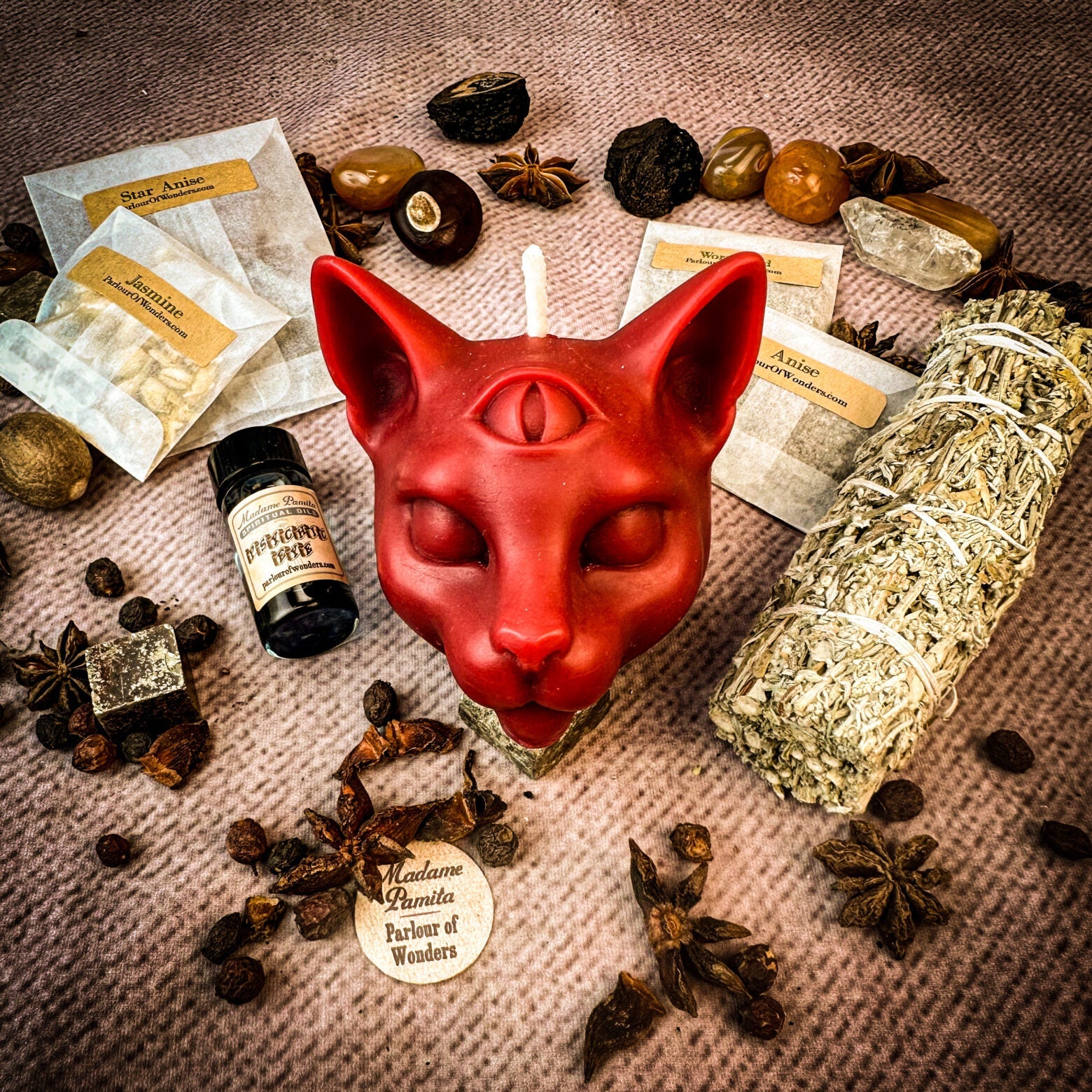 Parlour of Wonders Psychic Eye Candle Spell Kit with yellow candle for enhancing intuition and psychic abilities, displayed on a wooden surface.