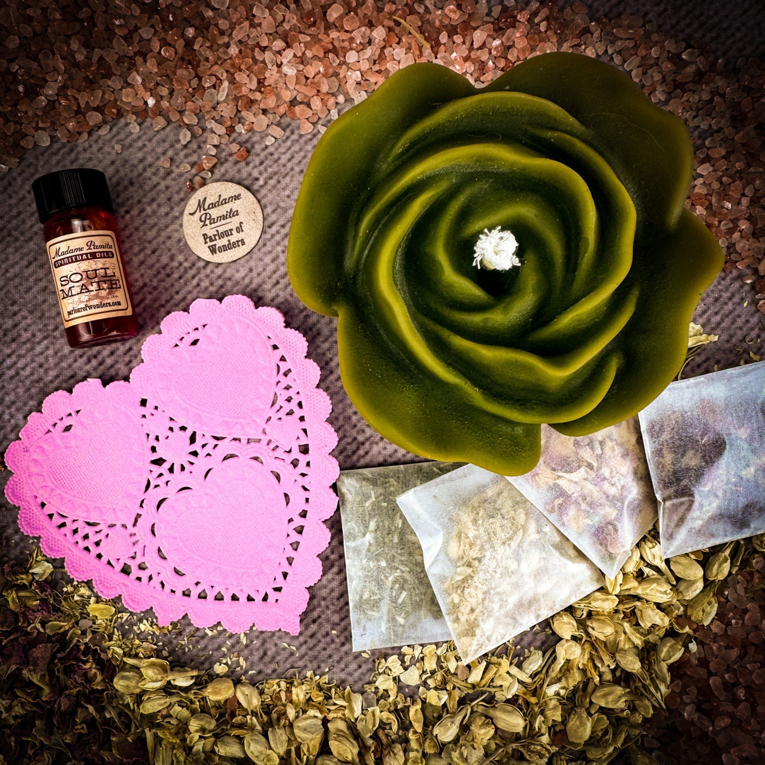 Rose Romance Candle Spell Kit by Parlour of Wonders, featuring yellow candles and love-themed elements for romance and happiness.