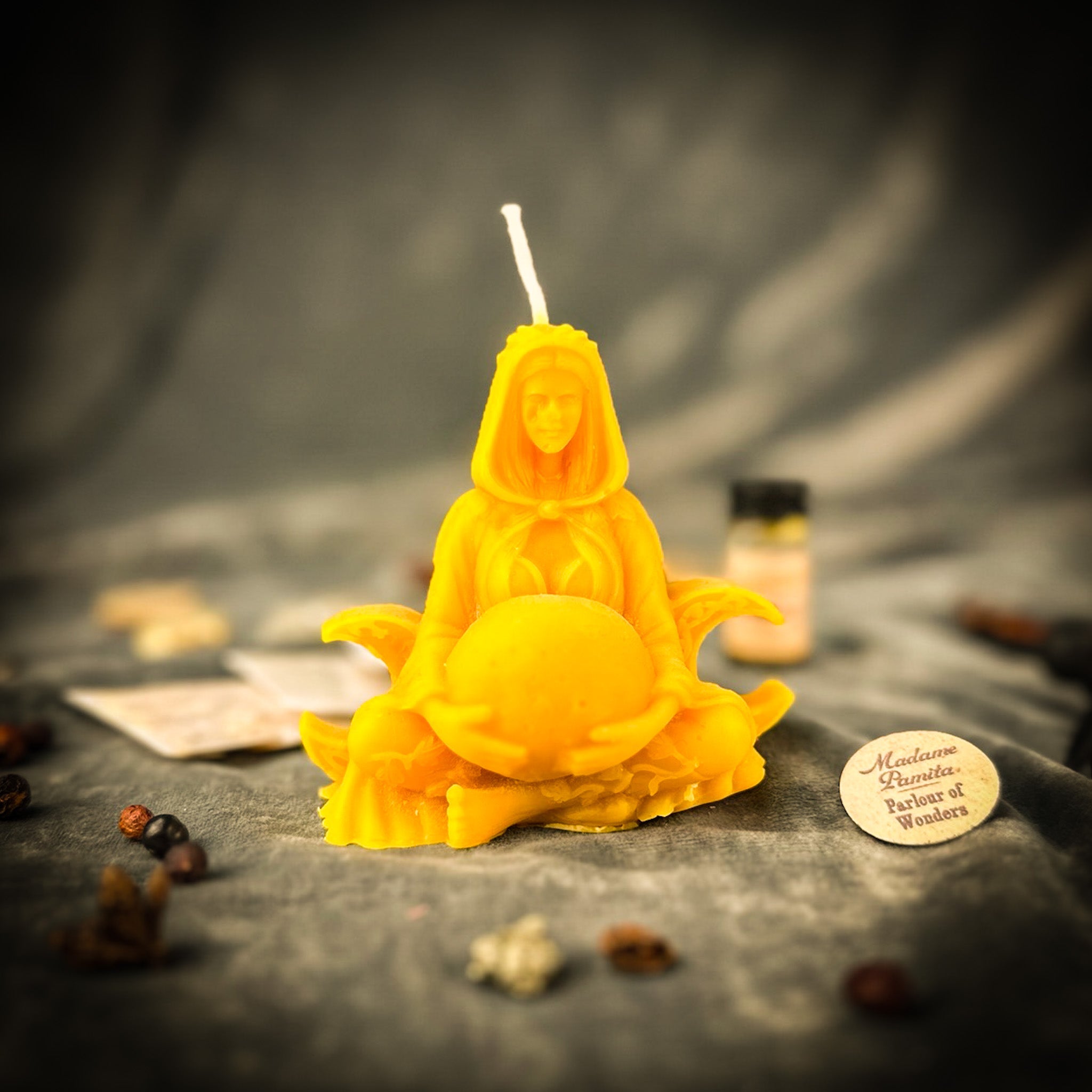 Yellow Moon Goddess Candle Spell Kit from Parlour of Wonders with lunar magic and divine feminine energy symbols.