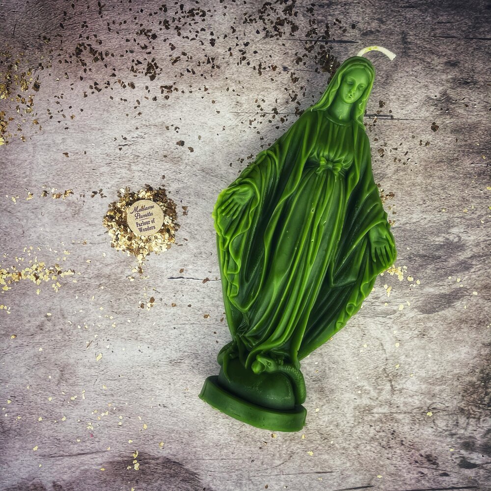 Queen of Heaven Candle Spell Kit by Parlour of Wonders with yellow candle and divine Mother symbols for love magic and success.