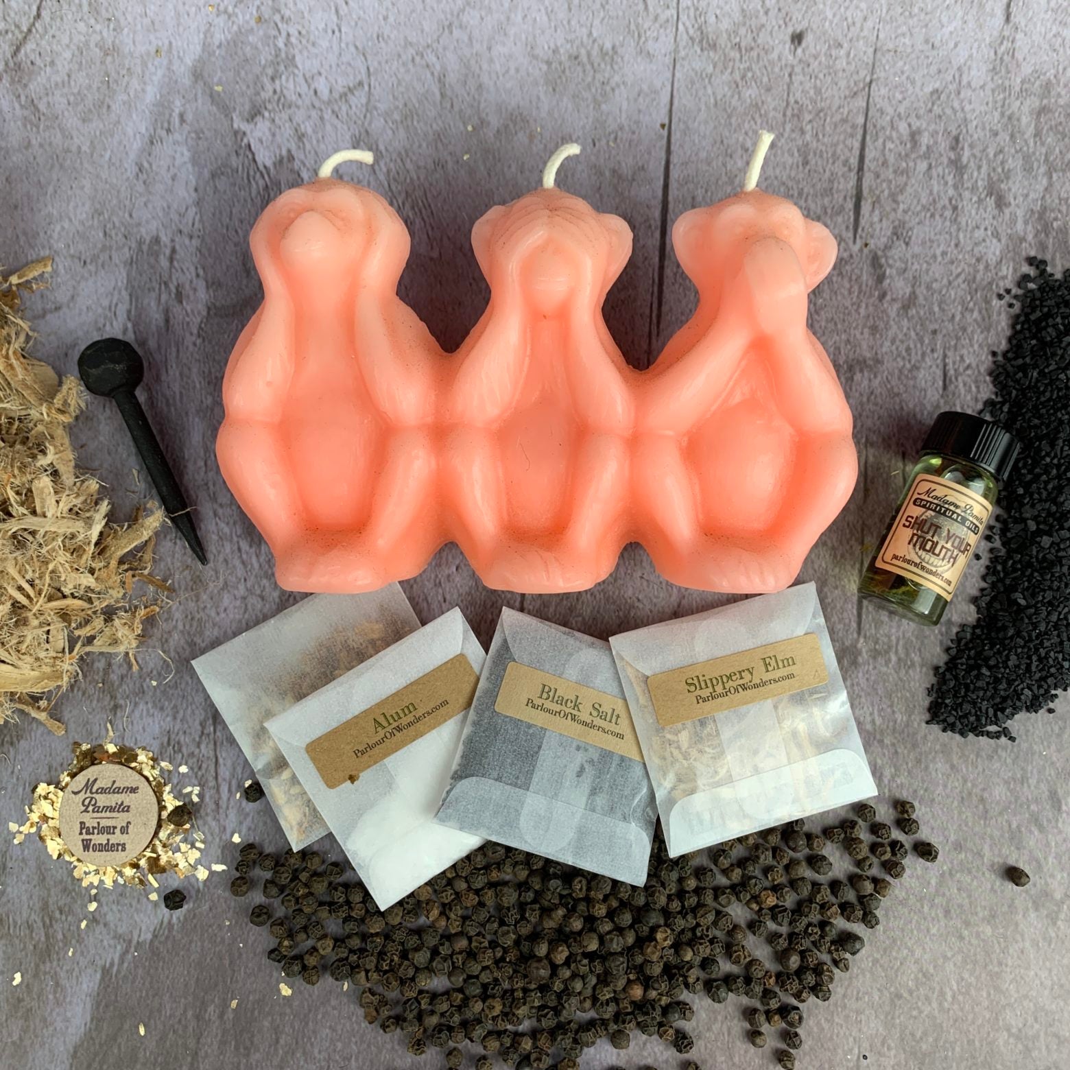 Parlour of Wonders Stop Jealous Gossip Candle Spell Kit with yellow candle to silence gossip and protect reputation.