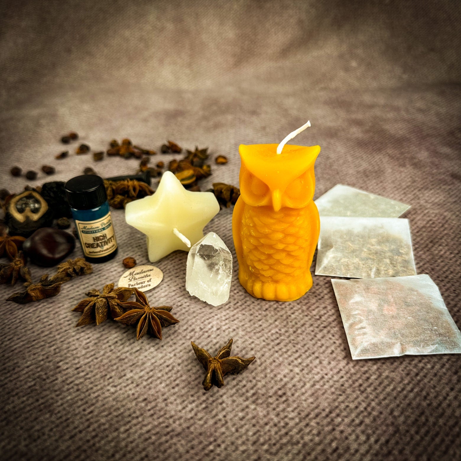Parlour of Wonders Wise Owl Wishing Star Candle Spell Kit with yellow candles for wisdom and success.