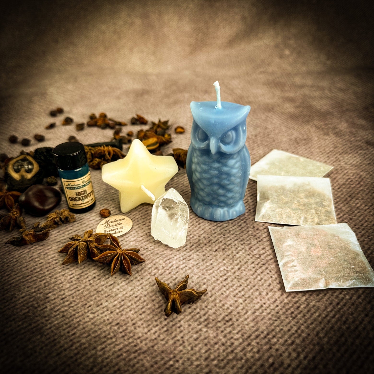 Parlour of Wonders Wise Owl Wishing Star Candle Spell Kit with yellow candles for wisdom and success.