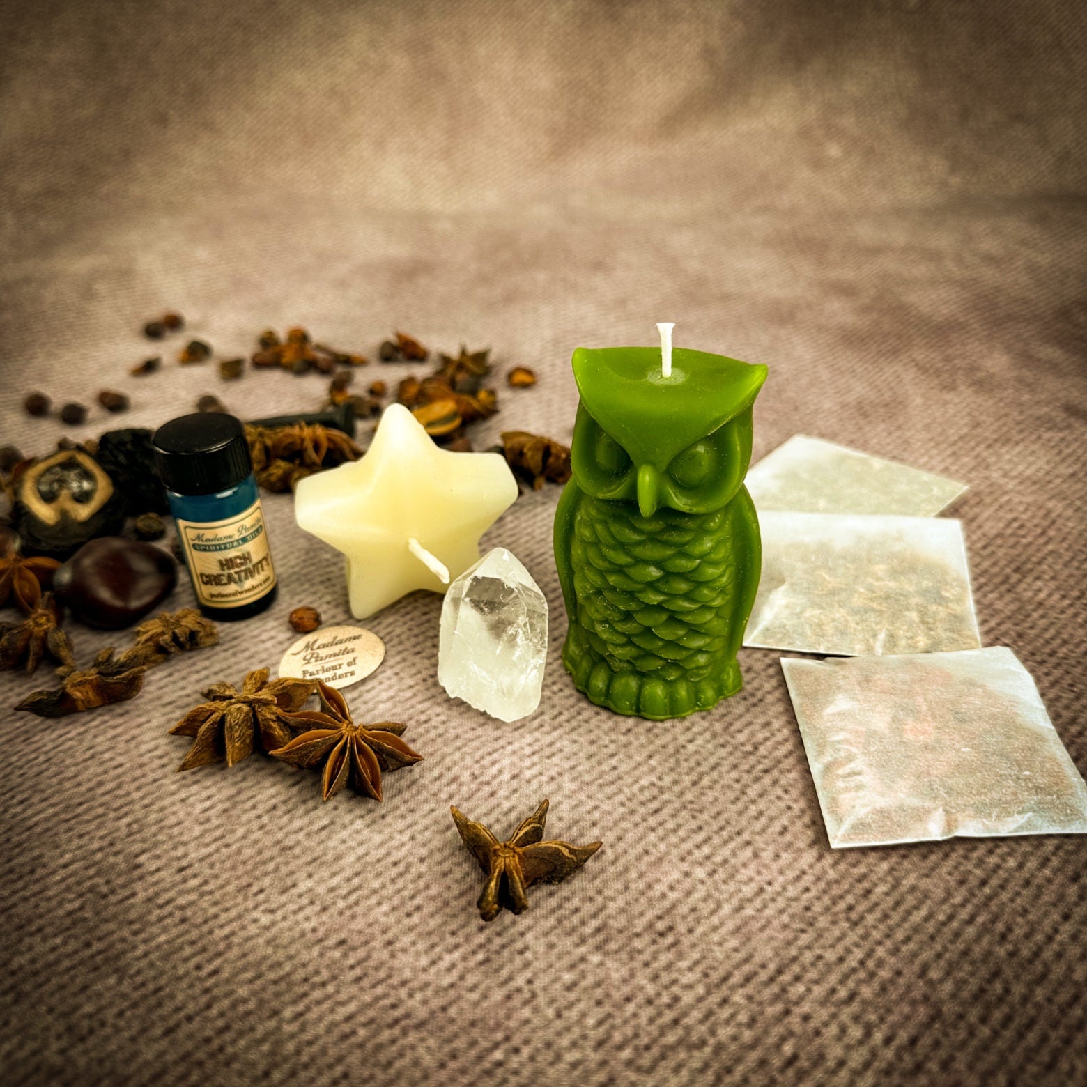 Wise Owl Wishing Star Candle Spell Kit by Parlour of Wonders, featuring a yellow candle for wisdom and success spells.