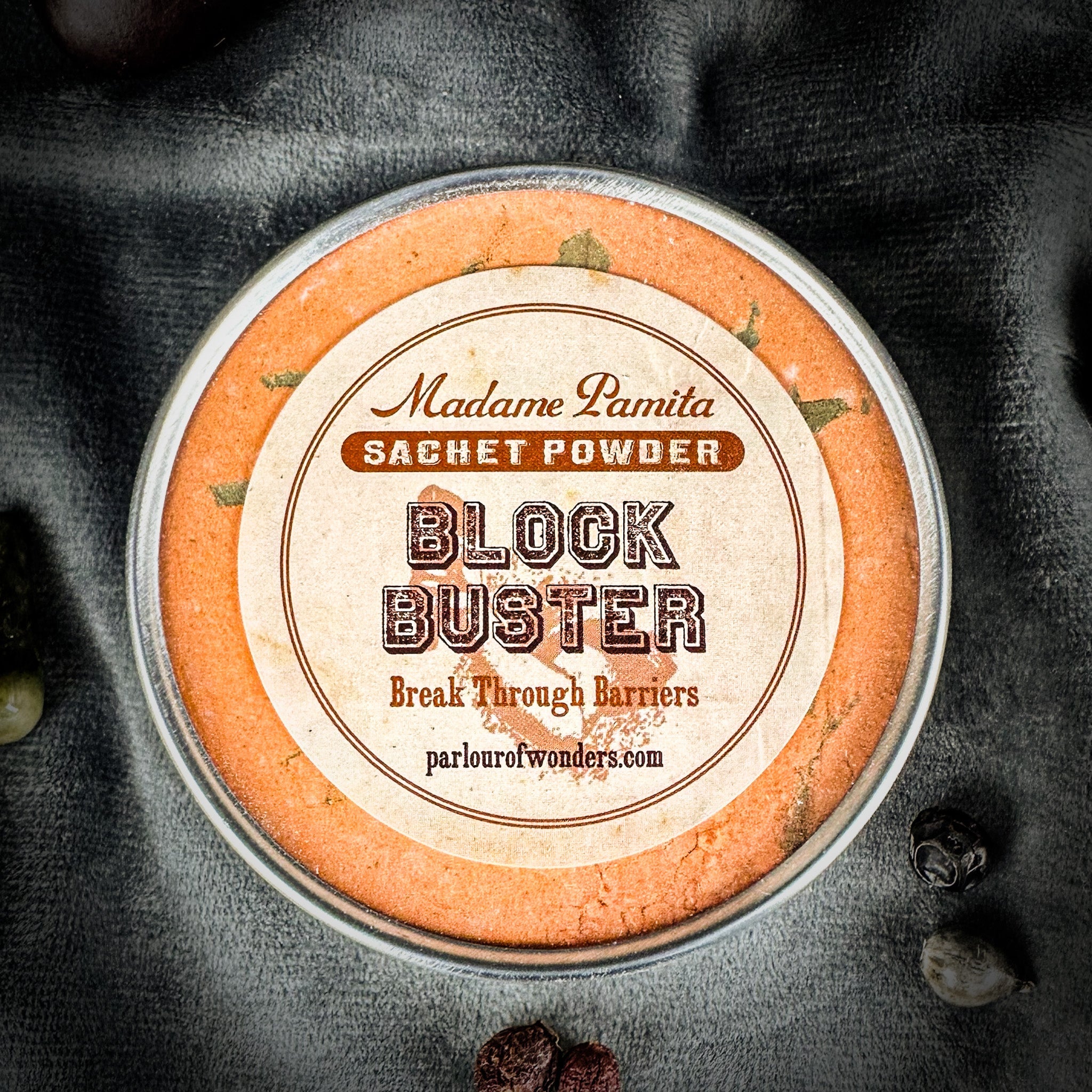 Block Buster Sachet Powder by Madame Pamita, from Parlour of Wonders, shown in a small packaged sachet for spiritual cleansing.