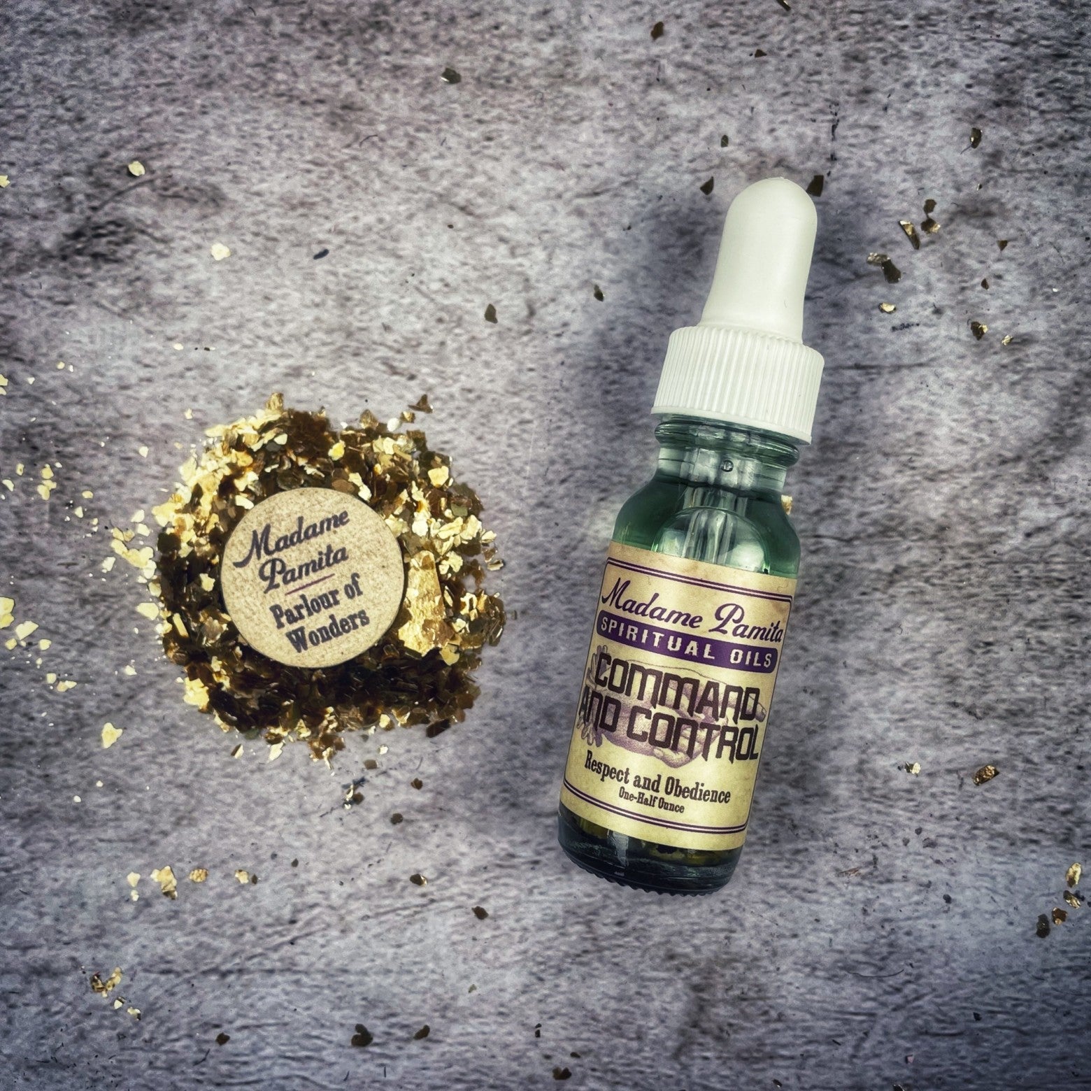 Bottle of Command and Control Oil by Madame Pamita from Parlour of Wonders, featuring dark glass and vintage label.