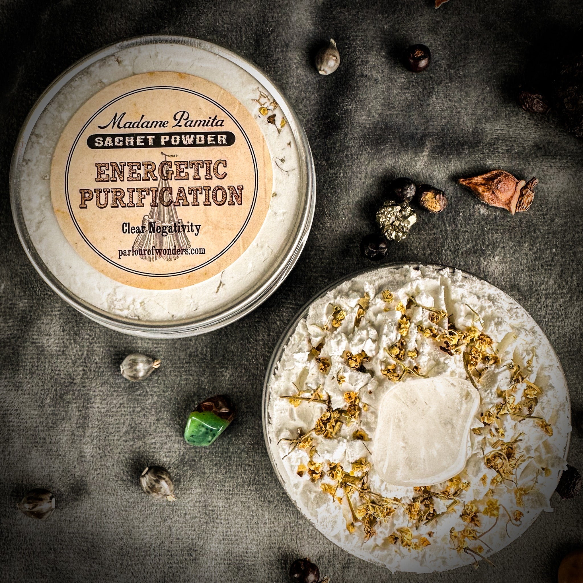 Energetic Purification Sachet Powder by Madame Pamita from Parlour of Wonders, shown in a small herbal powder packet.
